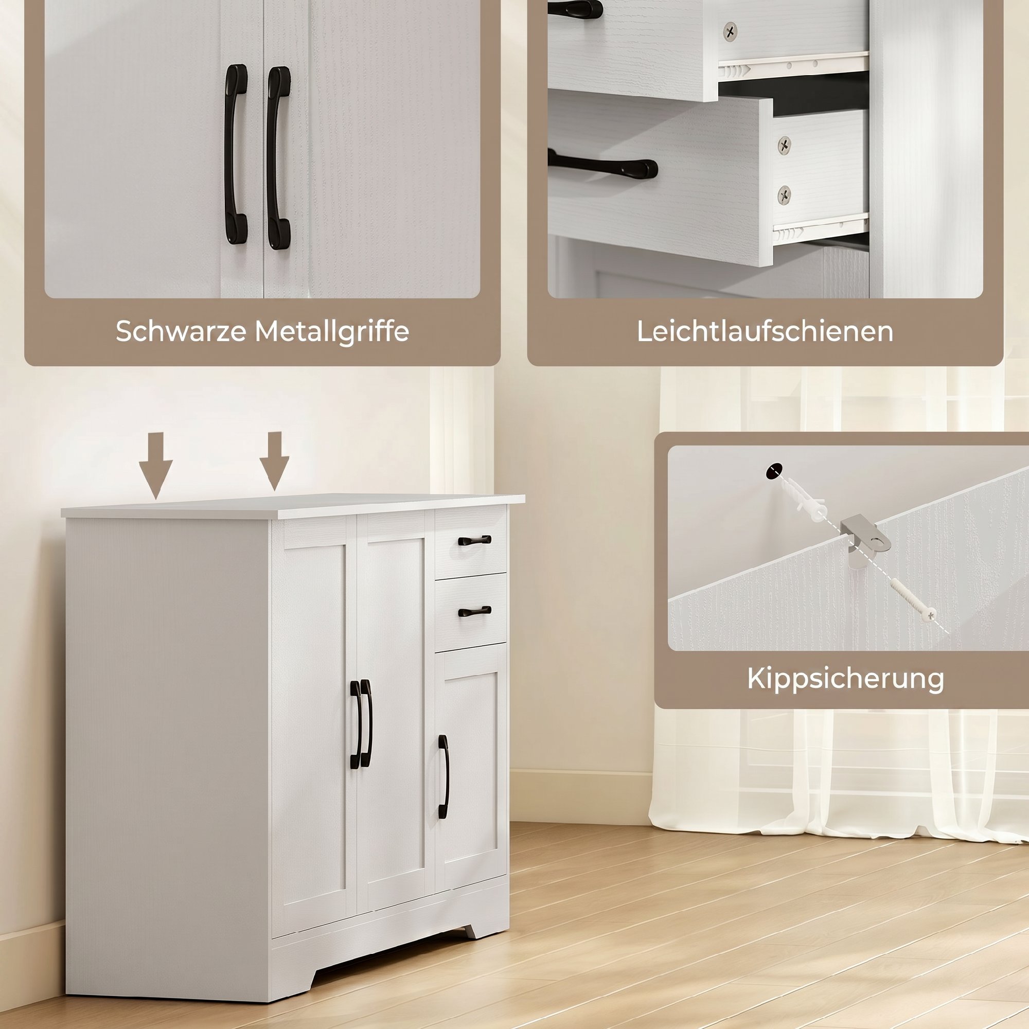 Sideboard mit 2 Schubladen, modernem Aufbewahrungsschrank, verstellbarem Einlegeboden und 3 Türen, Weiß