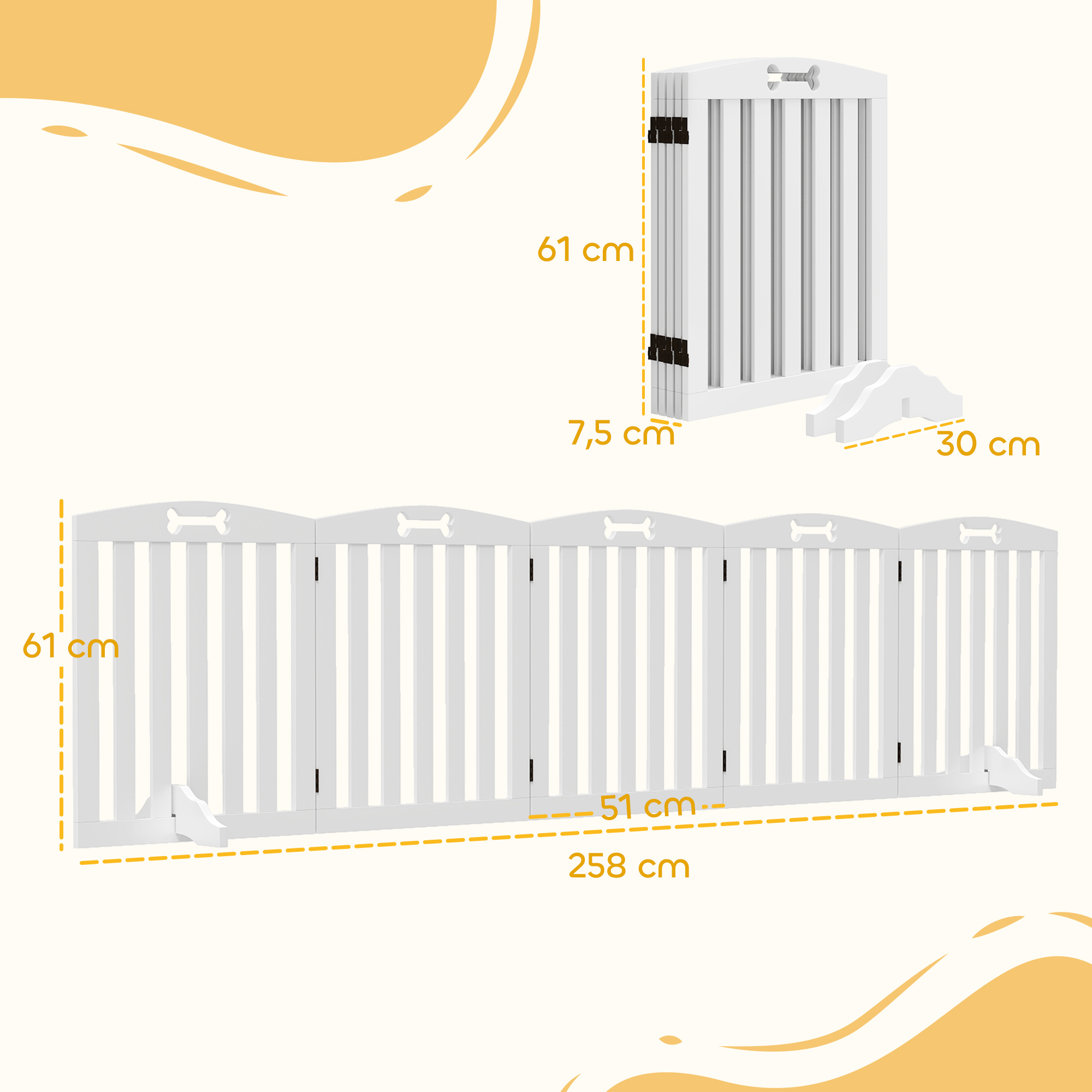 Freistehendes Hundegitter mit Stützfüßen, für Türrahmen, Flur, Treppe, 258 x 30 x 61 cm, Weiß