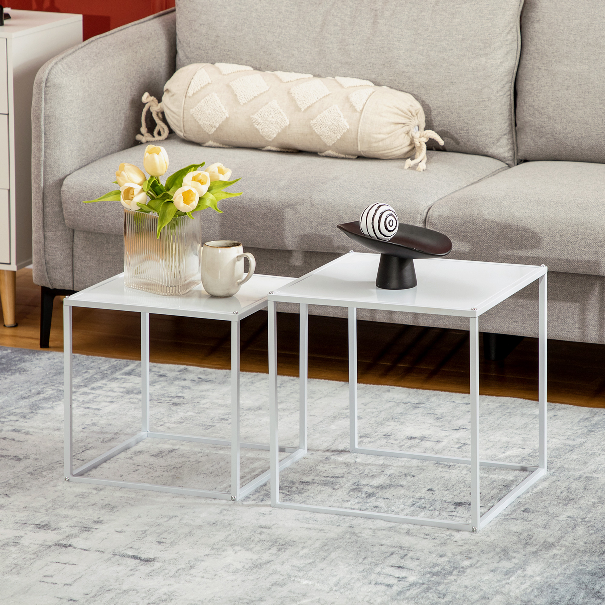 Beistelltisch-Set, moderne Satztische, platzsparend, stabiler Stahlrahmen, Weiß