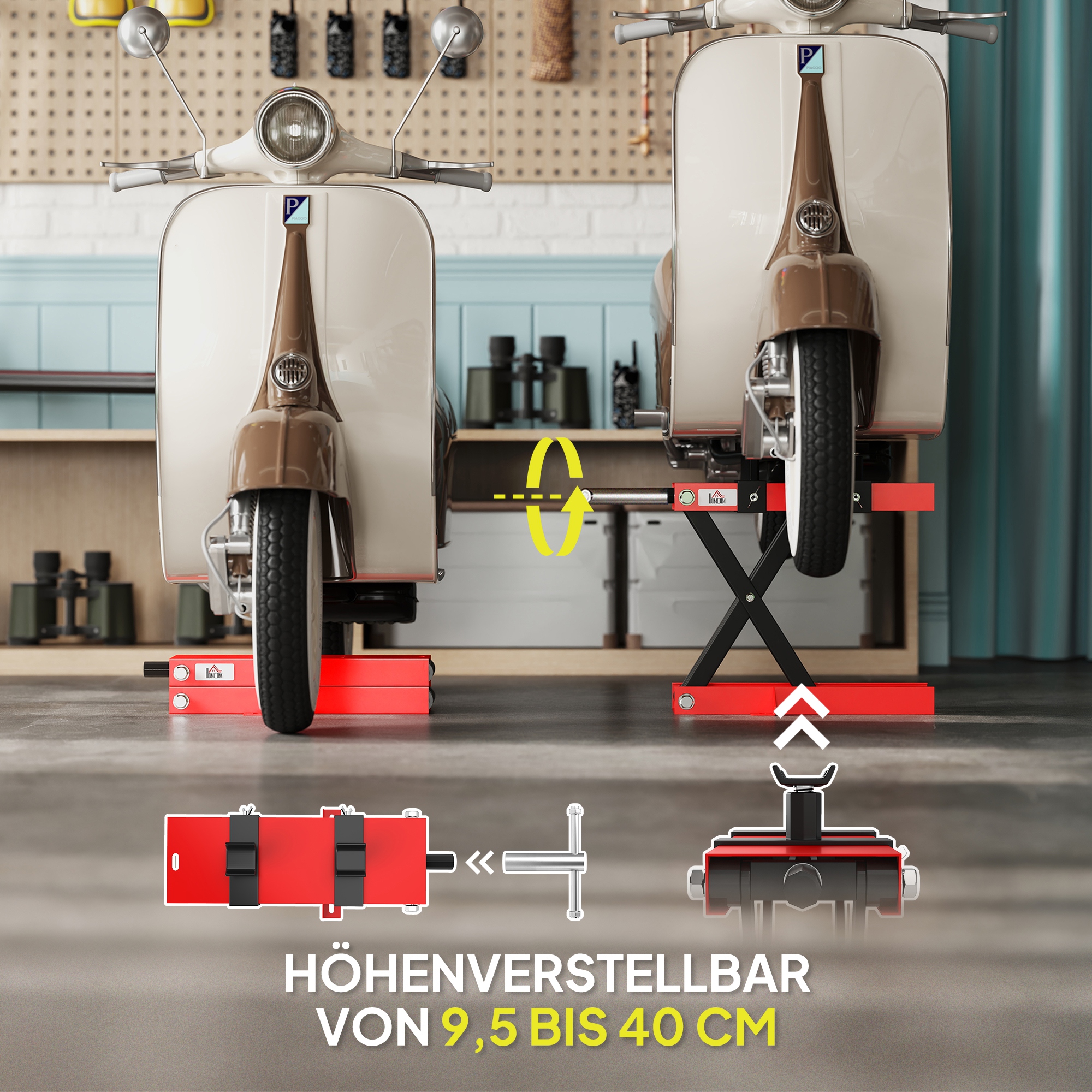 Motorradheber 500 kg Belastbar Motorradhebebühne 95-400 mm Höhenverstellbar 45 x 15 x 9,5-40 cm Rot