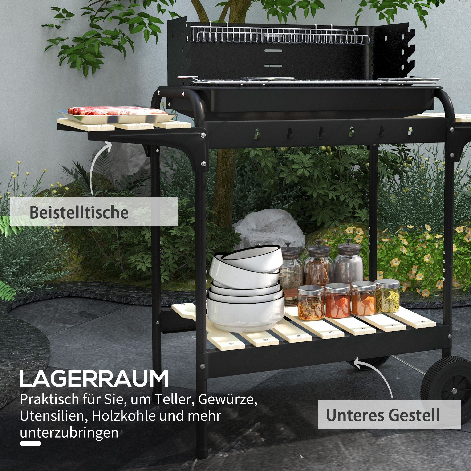 Holzkohlegrill aus Metall BBQ Smoker mit Räder, höheverstellbar Grillrost, Holzablage 103x47x95 cm schwarz