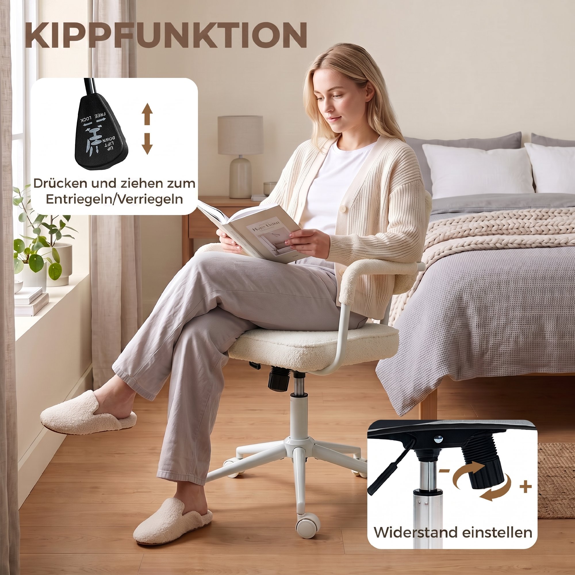 Bürostuhl aus Sherpa-Fleece, Drehstuhl mit 360°-Drehfunktion, Wippfunktion, höhenverstellbar, mit PU-Rollen, cremeweiß