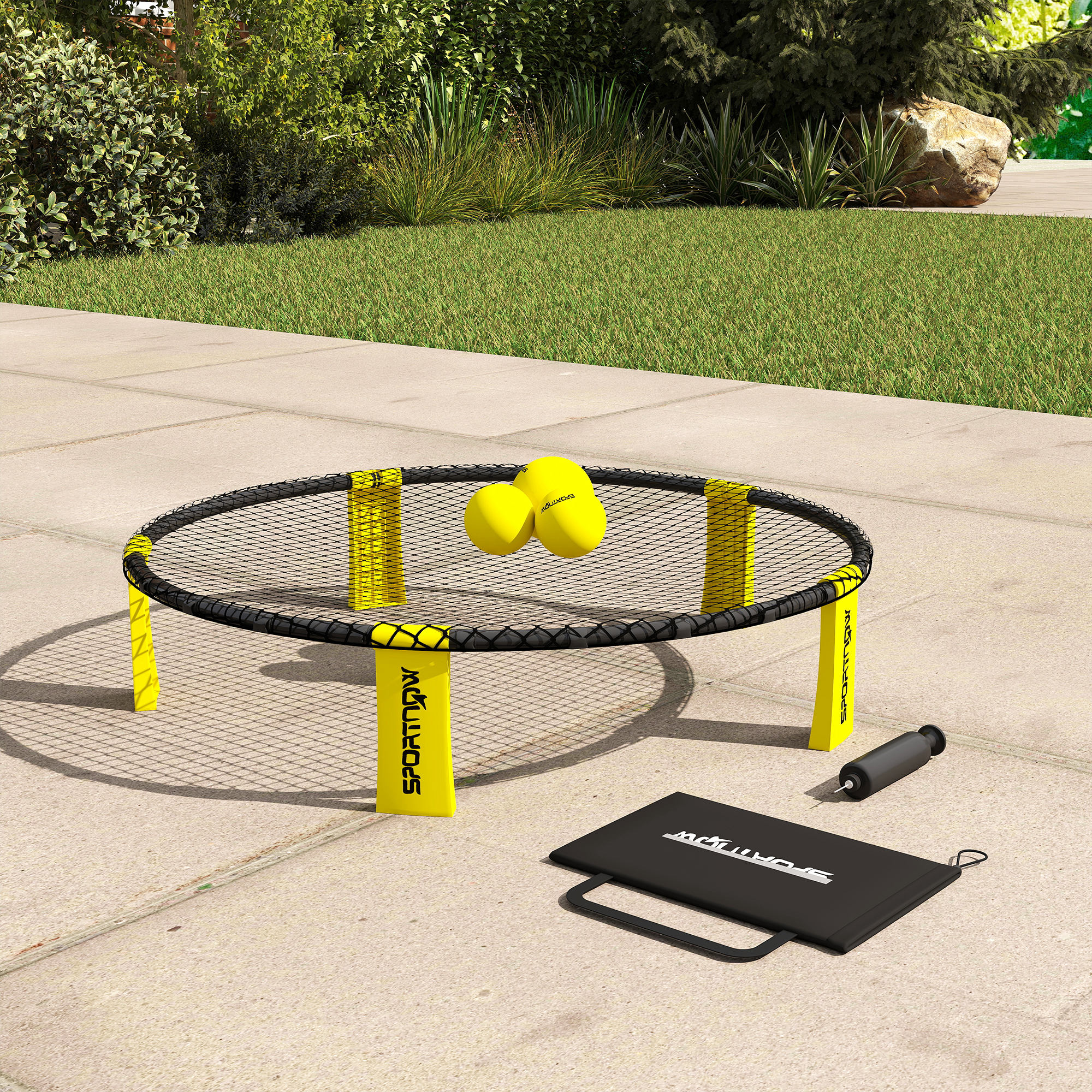Roundnet Set Spieleset mit Spielnetz 3 Bällen Tragetasche Ballpumpe Blinngoball Set Ø92 x 20 cm Gelb