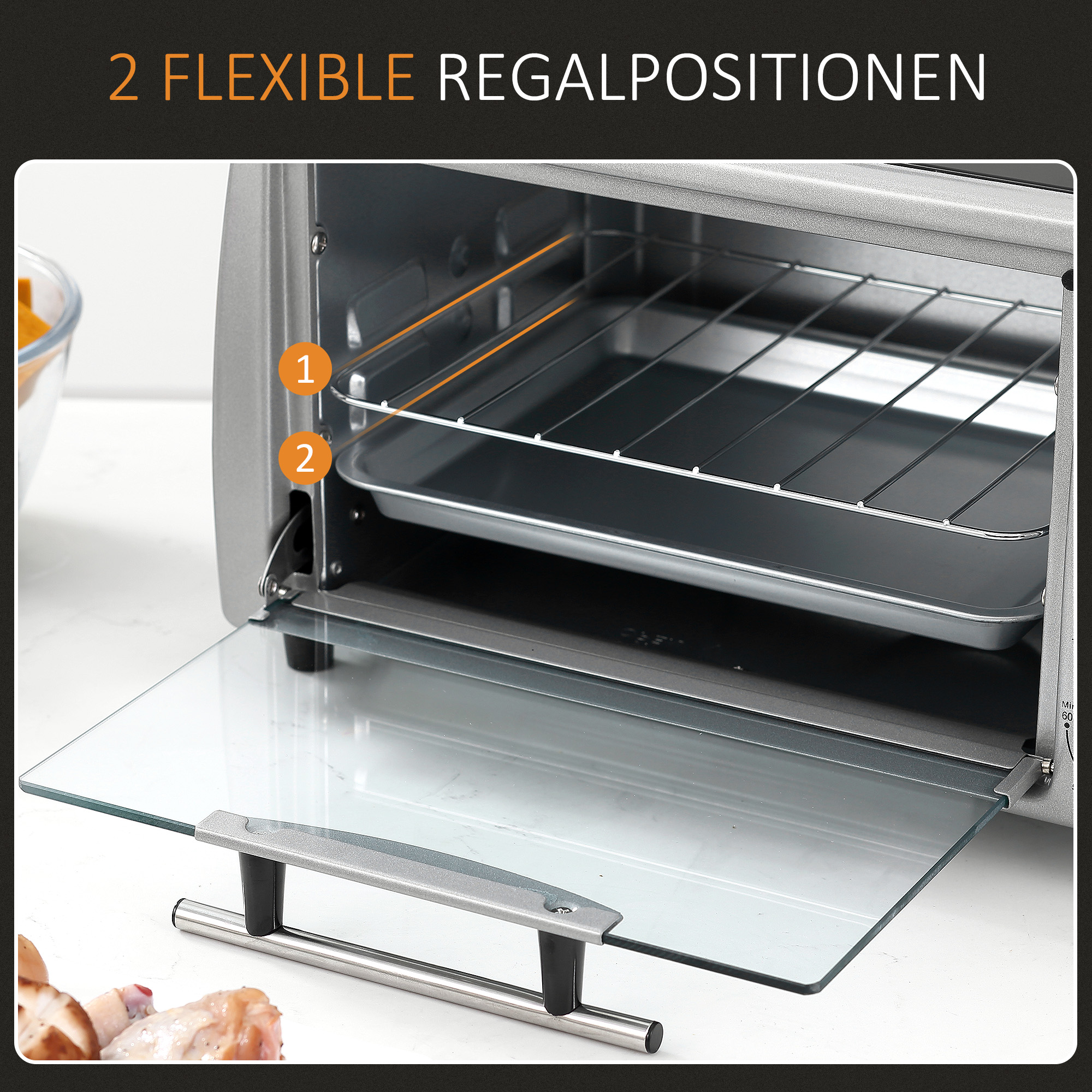 Mini Backofen 10 L 750W 100-230? 60 Min. Timer mit Backblech, Grillrost und Herausnehmbarer Bodenschale, Pizza-Ofen Silber