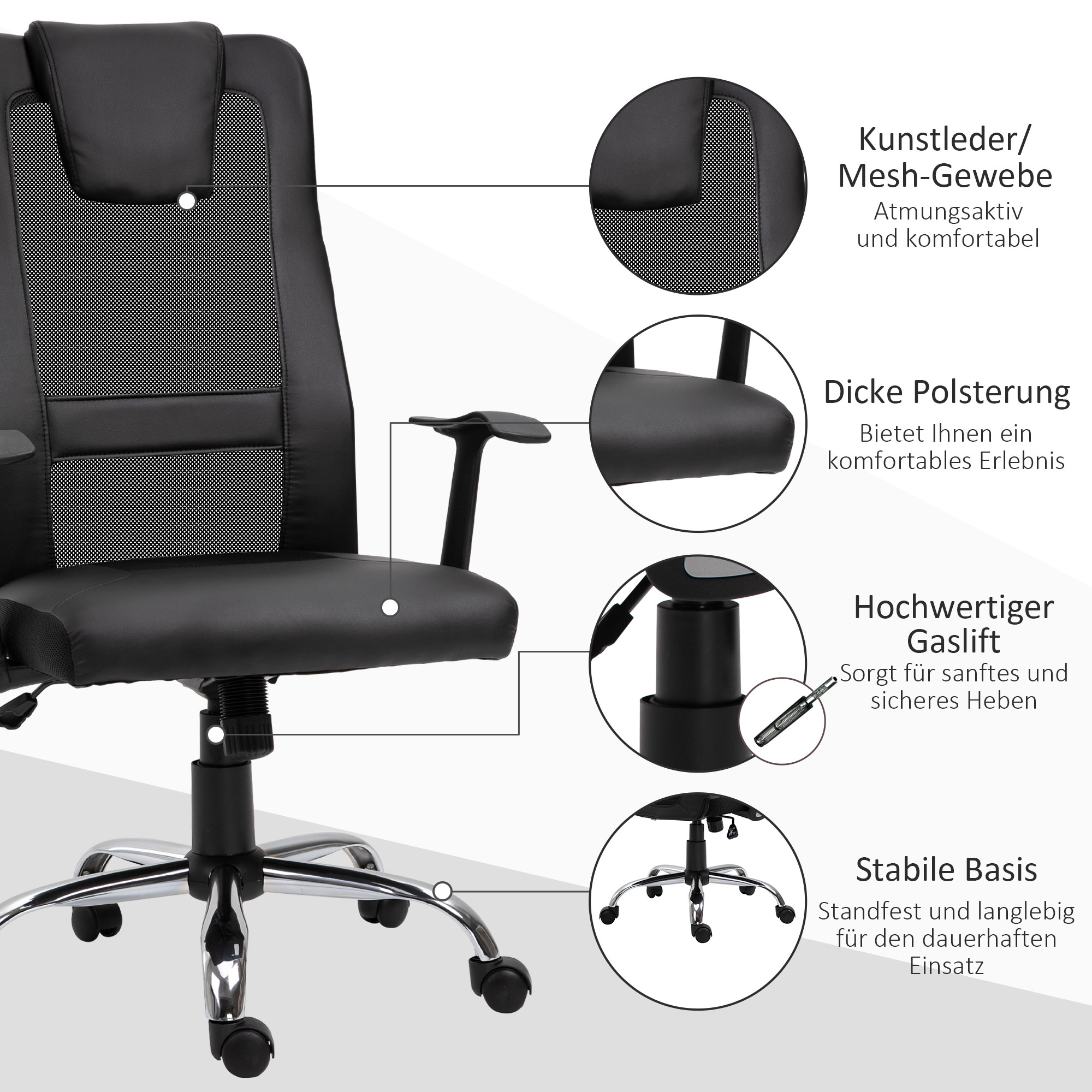 Bürostuhl Drehstuhl höhenverstellbar Chefsessel Schreibtischstuhl ergonomisch PU schwarz 66 x 73 x 108-118 cm