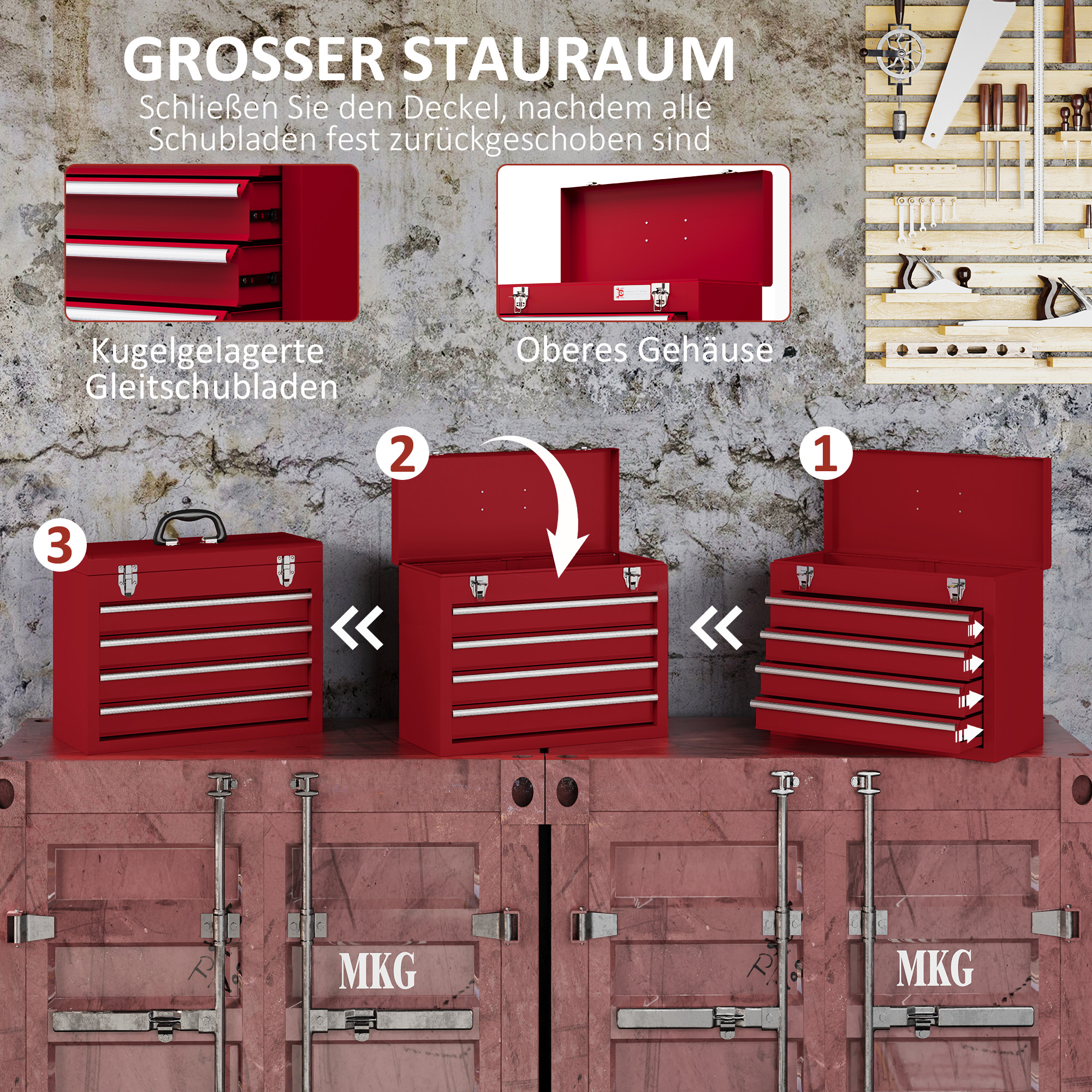Werkzeugkiste mit 4 Schubladen, oberes Staufach, Stahlverschlüsse, Tragegriff, 51x22x39,5 cm, Rot