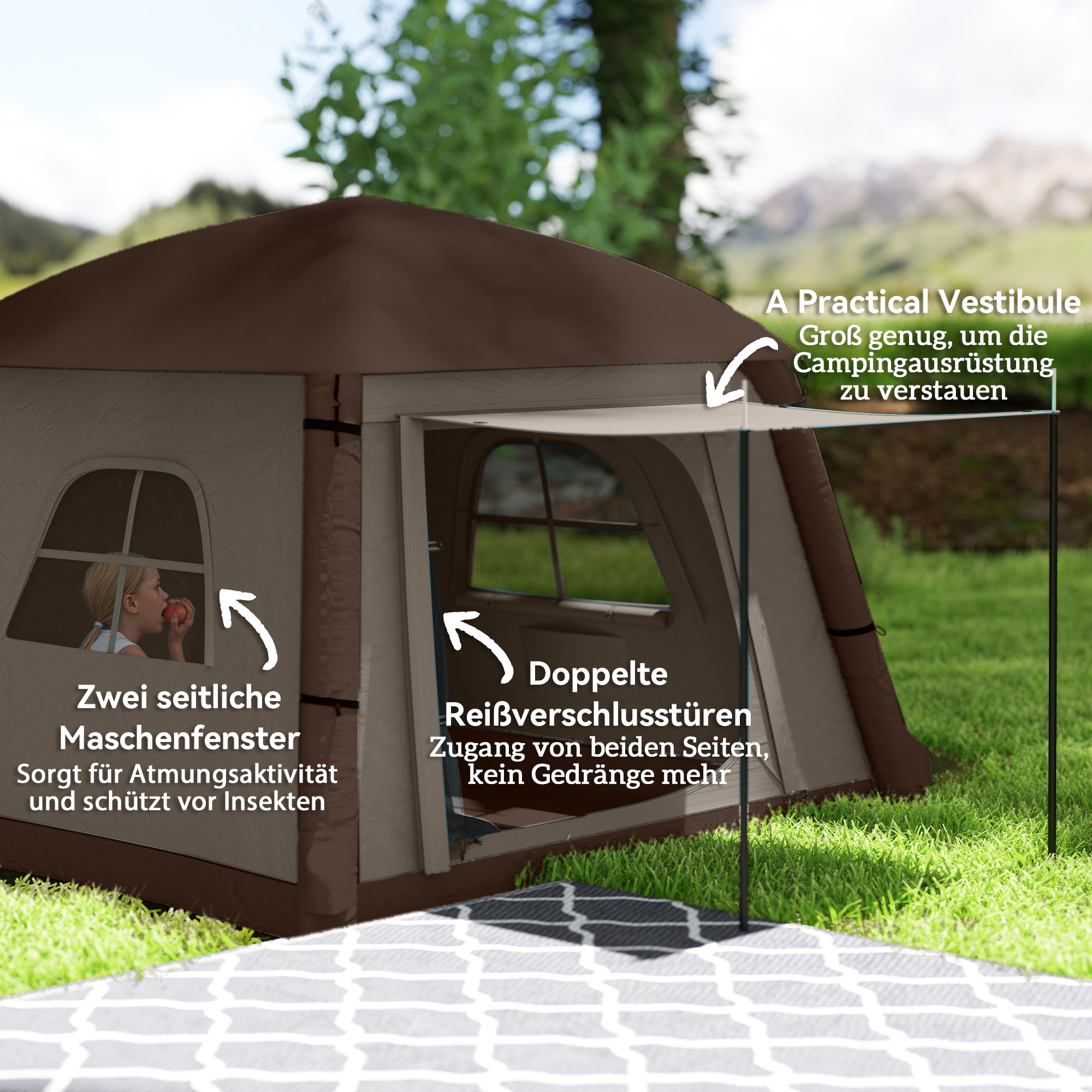 Aufblasbares Campingzelt 1-2 Personen Outdoor Familienzelt mit Haken Luftpumpe Fenstern Türen für 4 Jahreszeiten