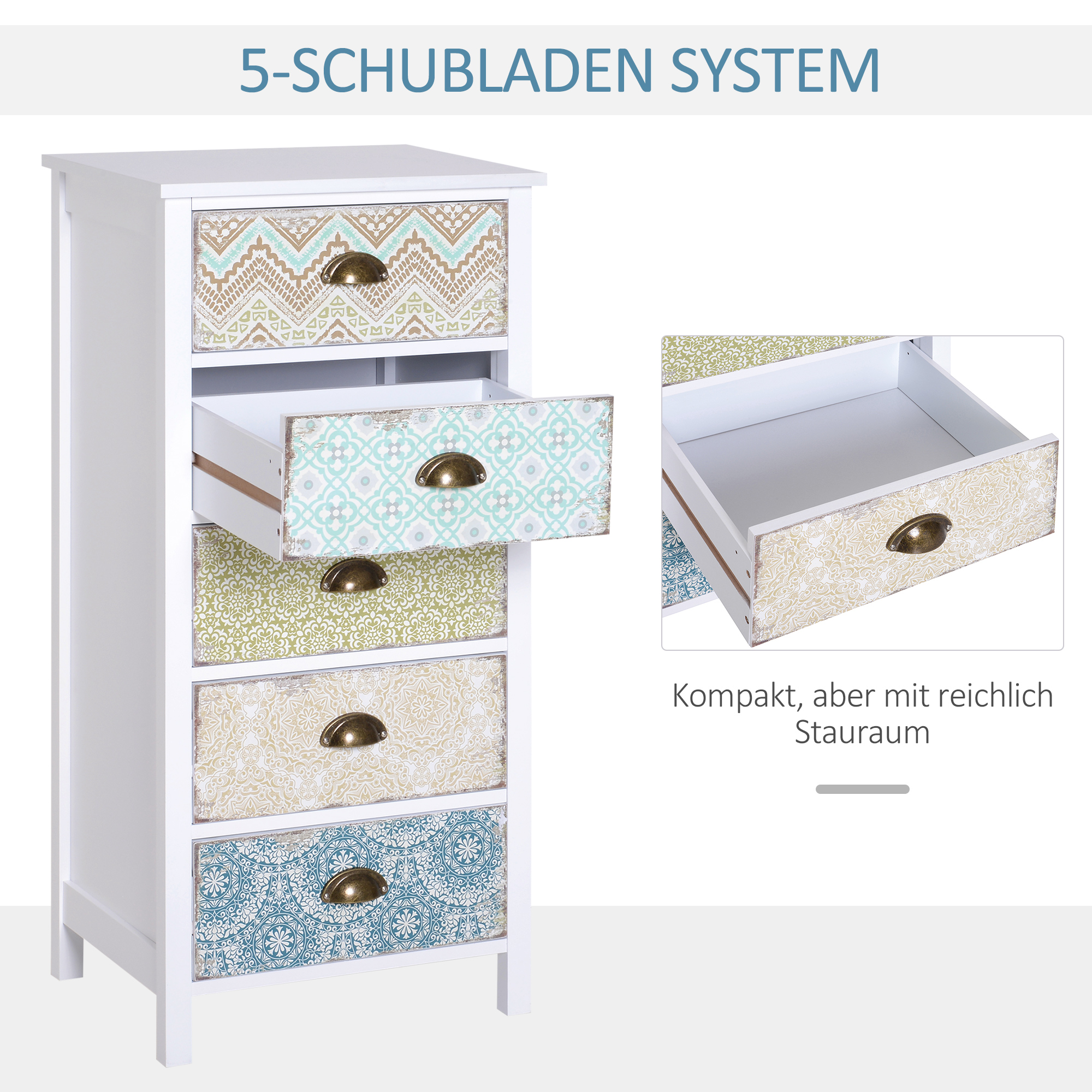 Kommode Schubladenkommode Siedeboard, Modern-Design, 5 Schubladen, 46 cm x 34 cm x 97,5 cm, Bunt
