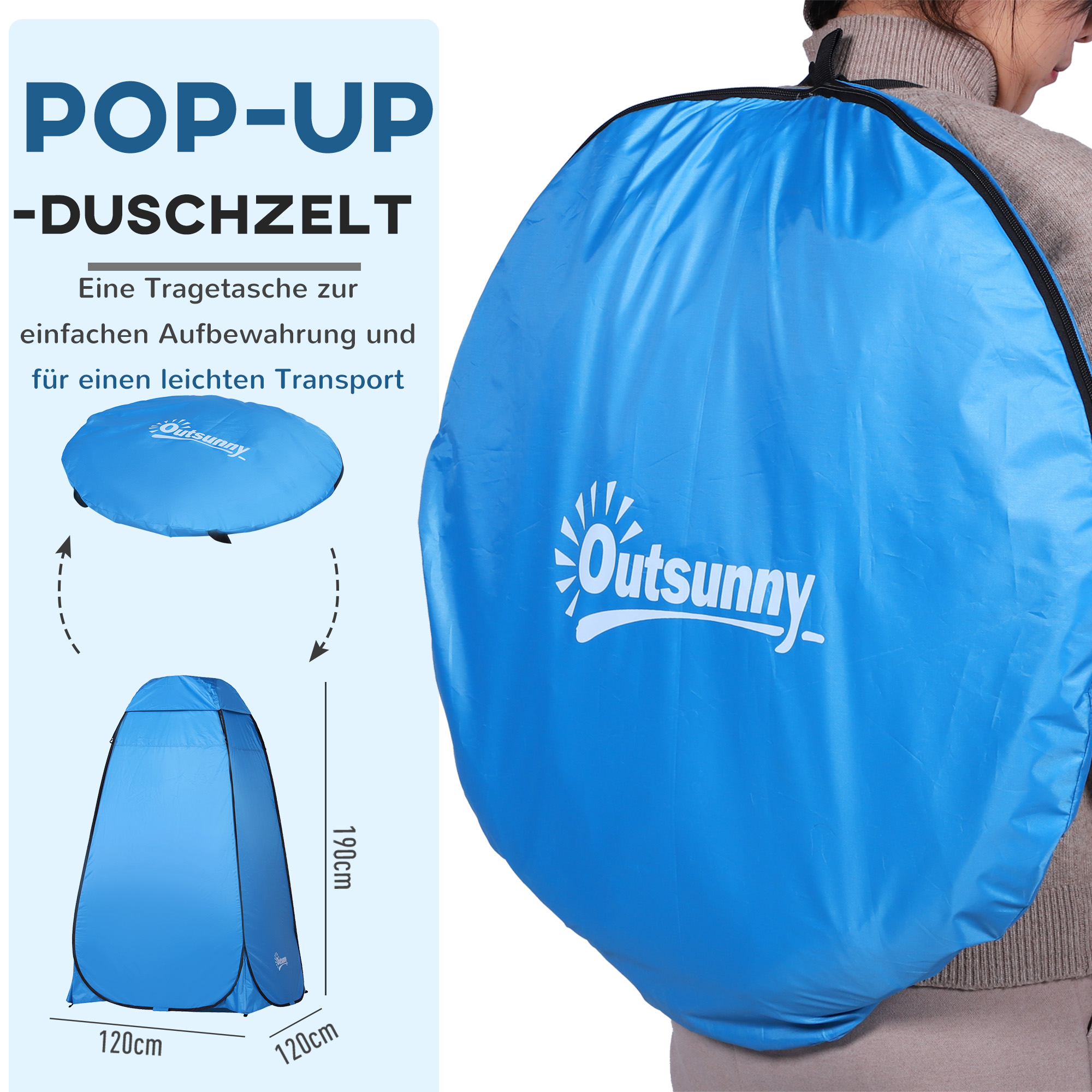 Pop up Toilettenzelt Mobiles Camping Duschzelt Umkleidezelt mit Innentasche Duschkabine Umkleidekabine Wasserfest Polyester Himmelblau 120 x 120 x 190 cm