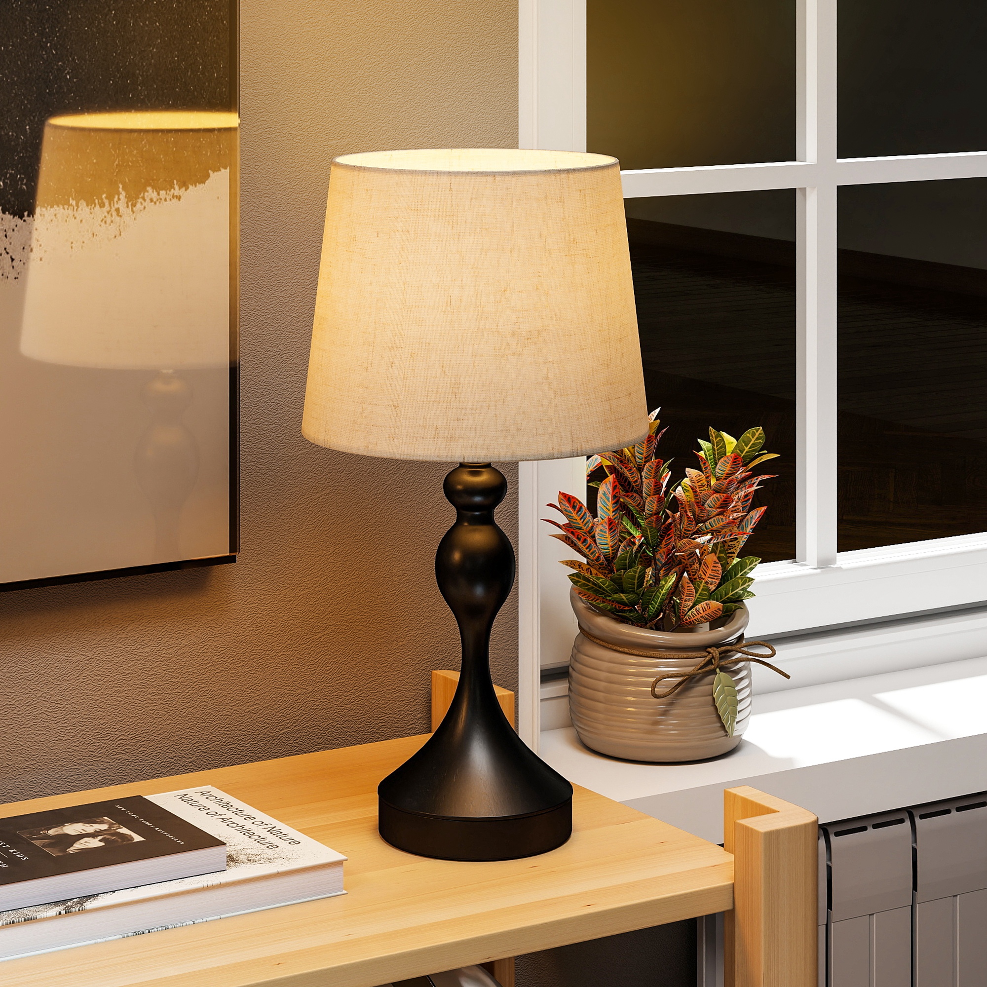 Tischlampe LED Tischleuchte mit 3 Farbtemperaturen, Nachttischlampe mit USB A+C Ladeanschlüssen, Leinenschirm, Schwarz