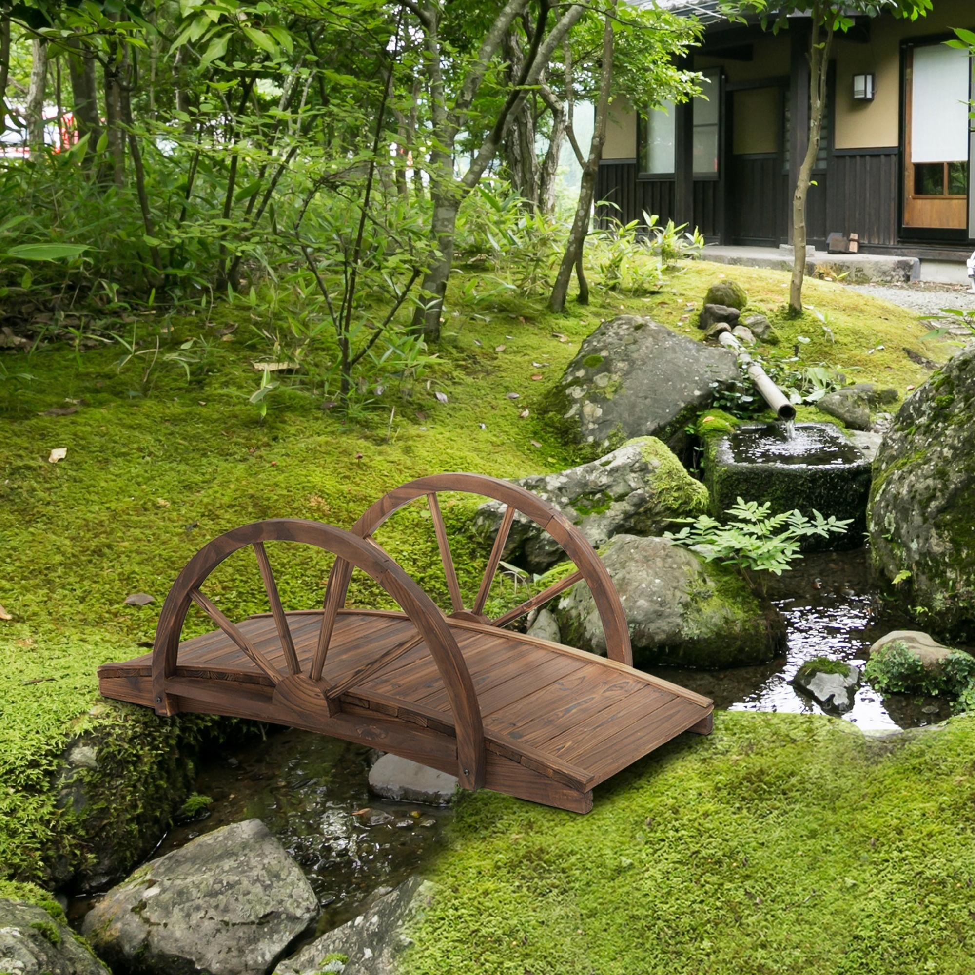 Gartenbrücke aus Tannenholz, Holzbrücke mit Rad Design, Teichbrücke bis 150 kg belastbar 100 x 50 x 37 cm Verkohlt