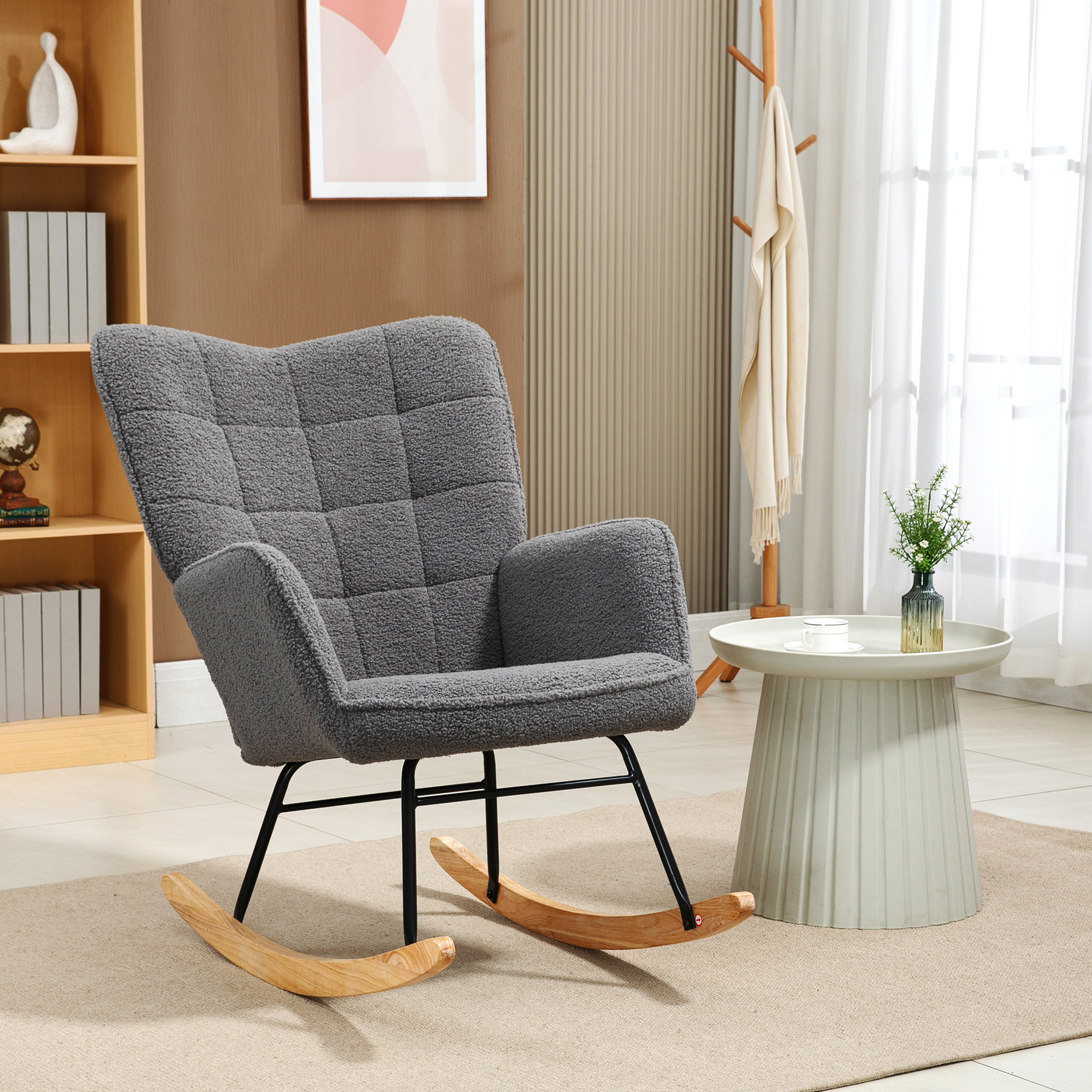 Schaukelstuhl im Retro-Design, Massivholz, Sessel, Relaxsessel, 98 cm x  71 cm x 101 cm, Dunkelgrau