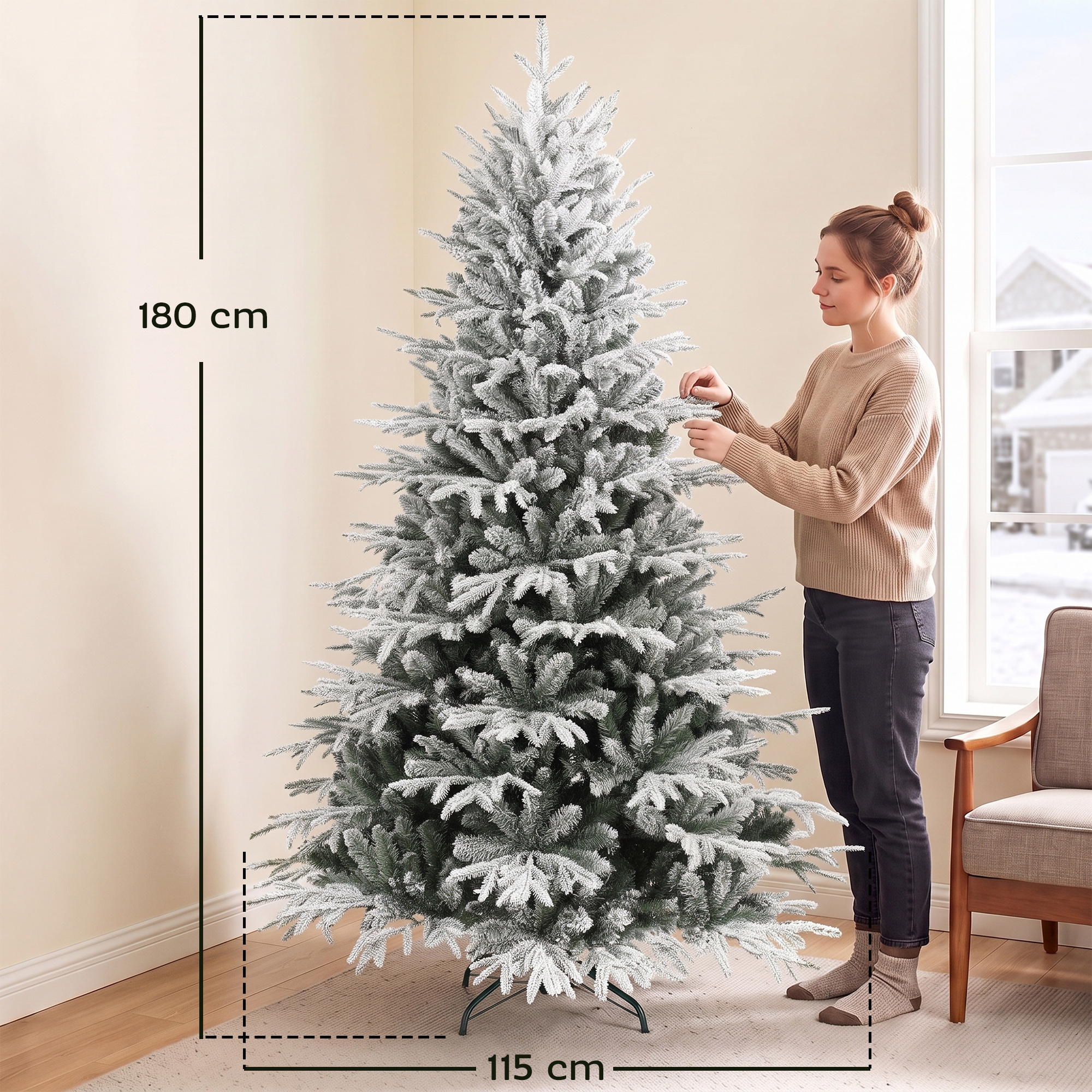 schneebeflockter Weihnachtsbaum 180 cm mit 1920 Spitzen, Klappsystem, künstlich, voll