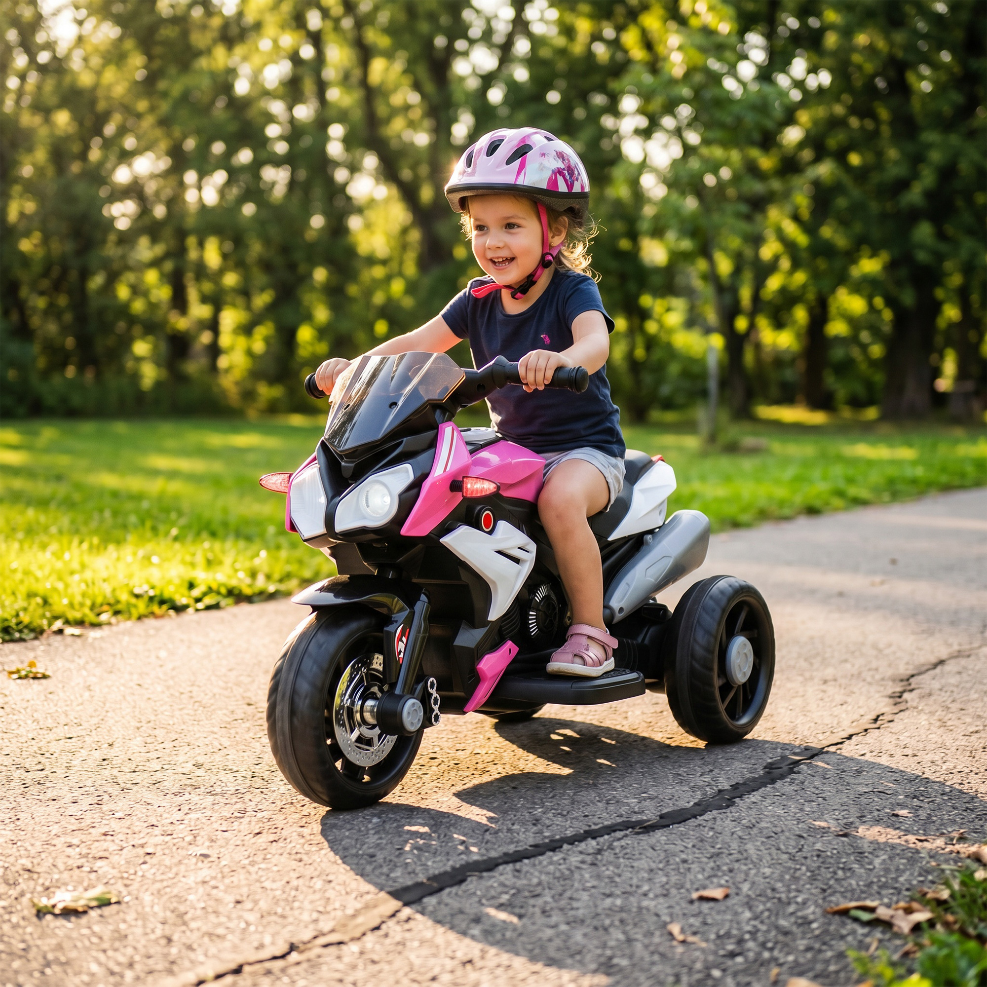 Elektro-Kindermotorrad, Lichter & Geräusche, 3 km/h, wiederaufladbar, Kunststoff & Metall, Rosa/Weiß