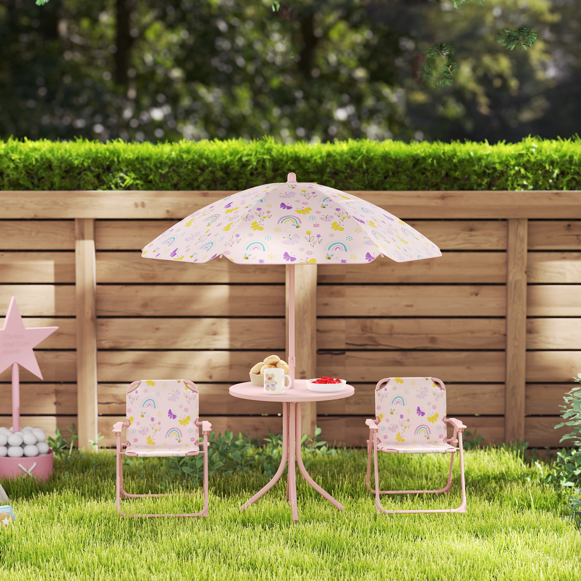 Kinder-Sitzecke, Klappstuhl-Sitz-Set mit Sonnenschirm, Buntes Muster, Rosa