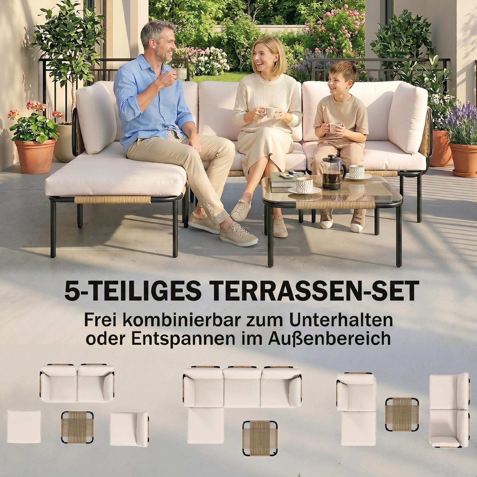 Polyrattan Gartenmöbel Set 5-teilig Lounge Set mit 3 Sessel Glastisch Hocker Breit & Tief Sitz abnehmbar Kissen