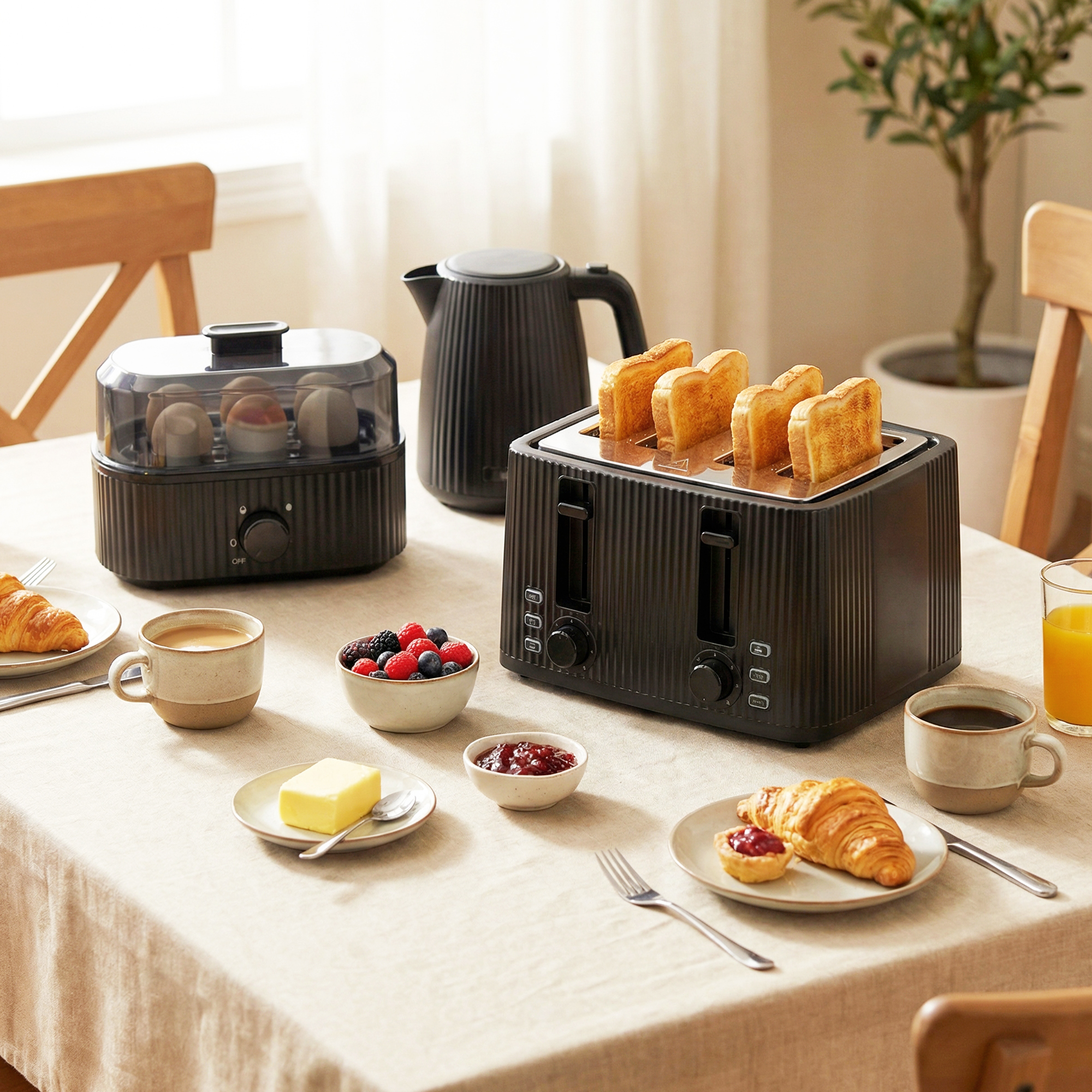 1,7L Schnellkoch-Wasserkocher und 4-Scheiben-Toaster-Set, Eierkocher für 6 Eier mit Kontrollleuchte Schwarz