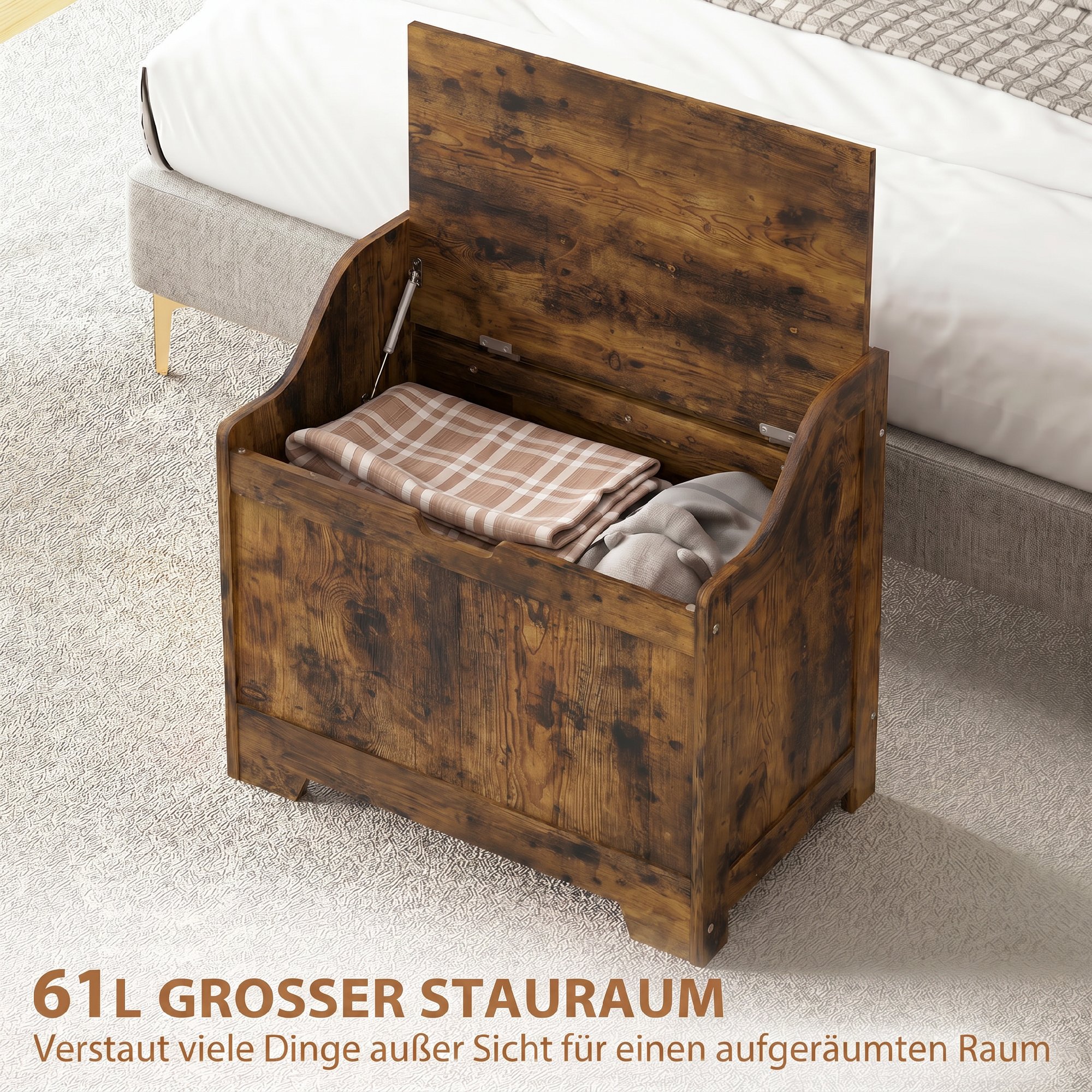 Aufbewahrungstruhe mit Sicherheits-Scharnier, Holztruhe mit Griffmulde für Wohnzimmer & Flur, Rustikal-Braun