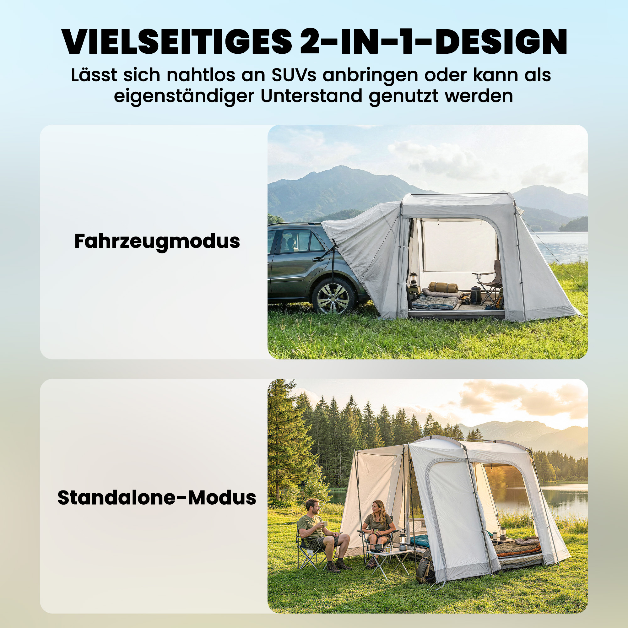 Heckzelt für 2-4 Personen, 320 x 280 x 205 cm 2 in 1 Autozelt wasserdicht Tunnelzelt mit 4 Türen Fenster Bodenplane