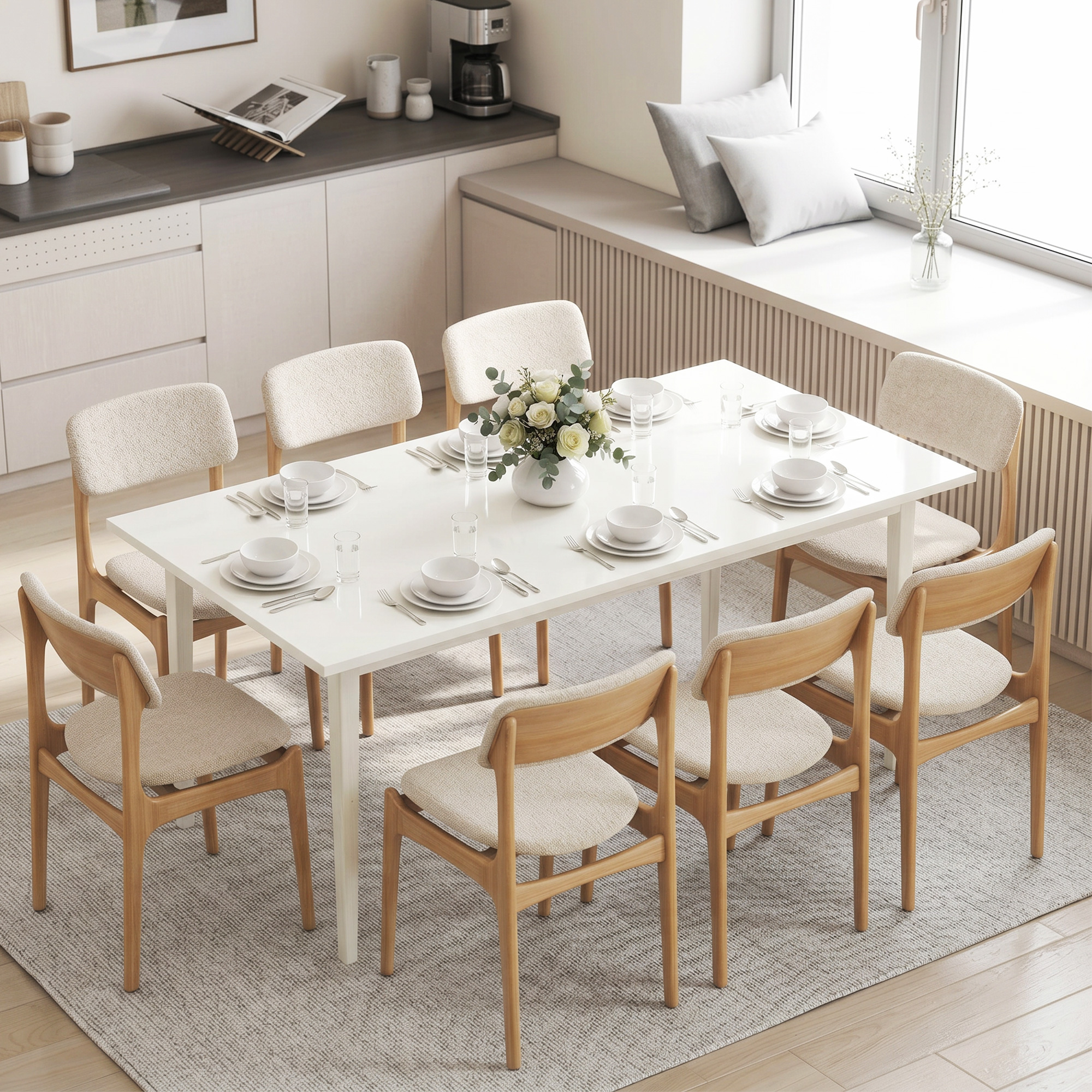 Esstisch für 8 Personen, Moderner Küchentisch mit Massivholzbeinen, 180 cm, Creme