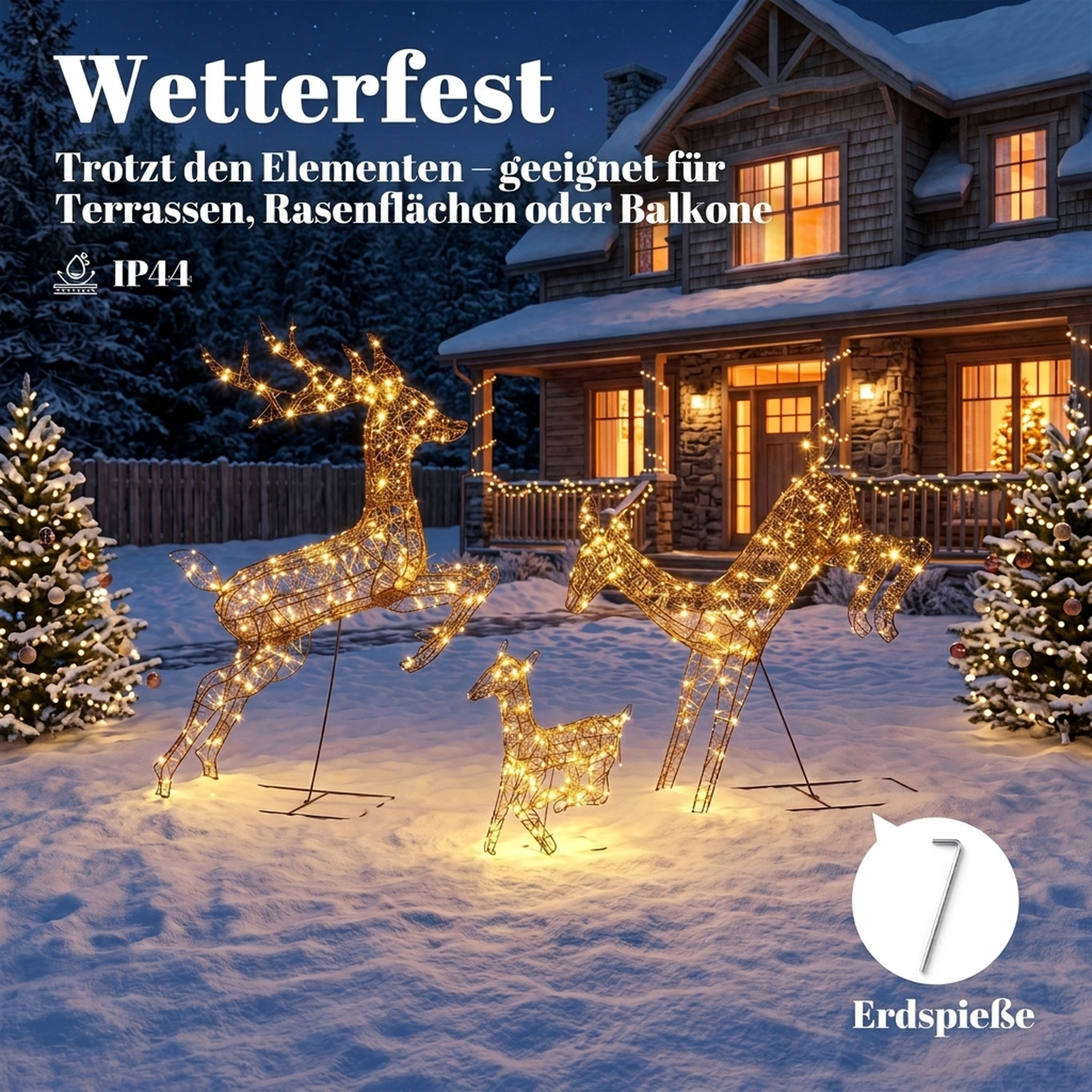 3-teiliges beleuchtetes Rentier-Set, Weihnachtsdeko für außen mit 200 warmweißen LEDs, 8 Modi, Tages-Timer