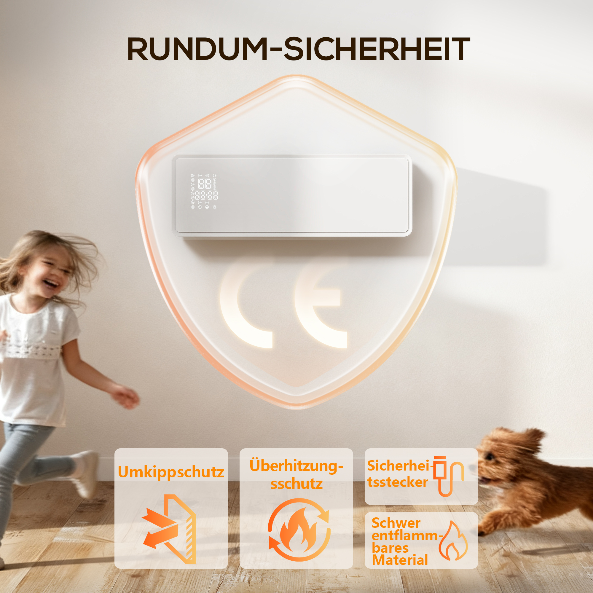 Wandmontierter 2000W Keramik Elektroheizer, Ventilator, Thermostat, Timer, Fernbedienung, Glaspaneel, Weiß