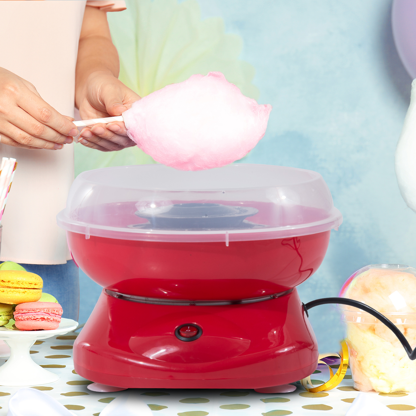 Zuckerwattemaschine für Zuhause Cotton Candy Machine Zuckerwatte Maschine mit Stäbchen und Messlöffel Höhe 18 cm 550W für Kinderfest, Geburtstag, Party Rot