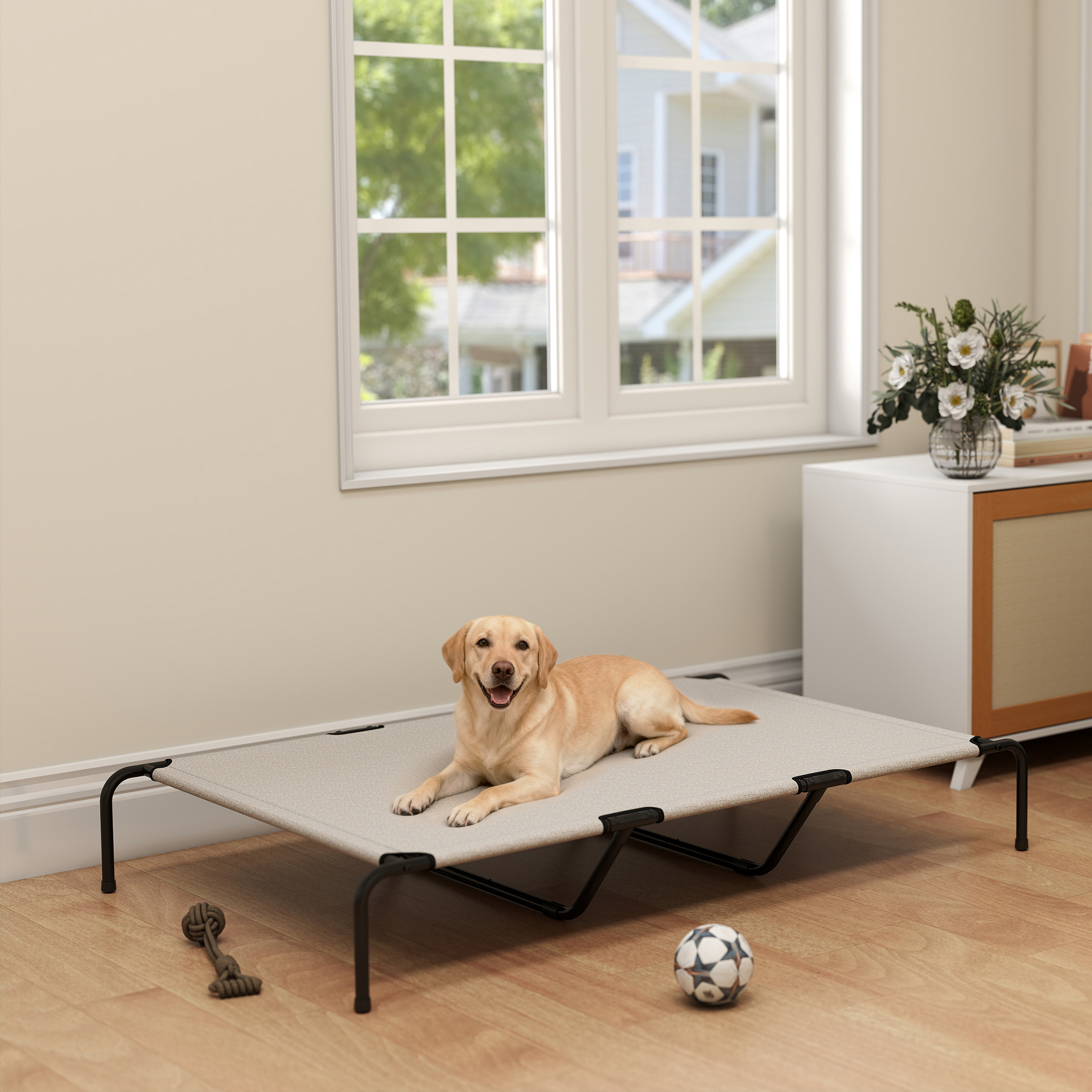 Hundeliege Outdoor, erhöhtes Hundebett für große Hunde, mit Stahlrahmen, atmungsaktiv Netzgewebe, 152x94x23 cm, Beige
