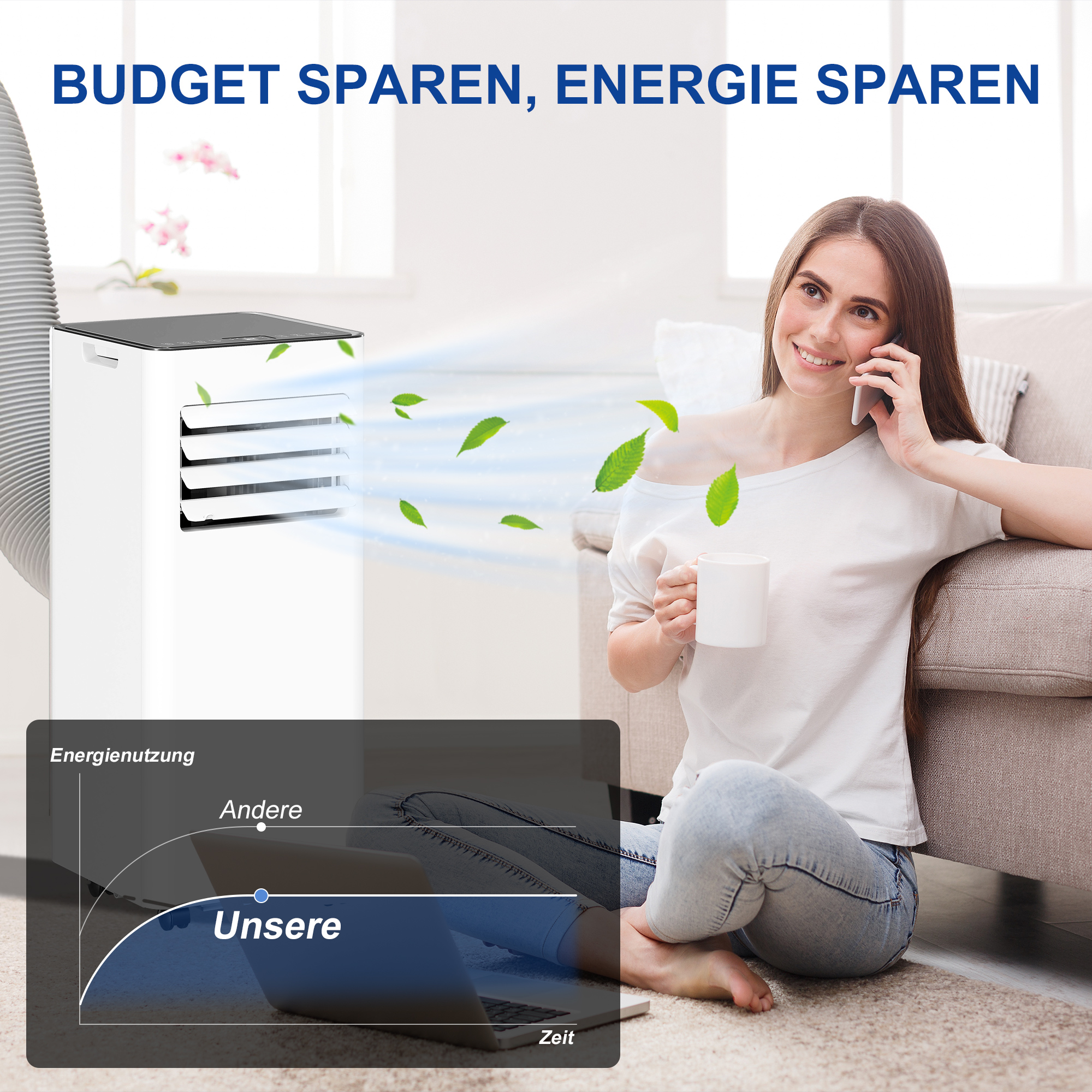 3-in-1 Klimaanlage, Ventilator mit LED-Anzeige, waschbarer Filter, Timer, Weiß