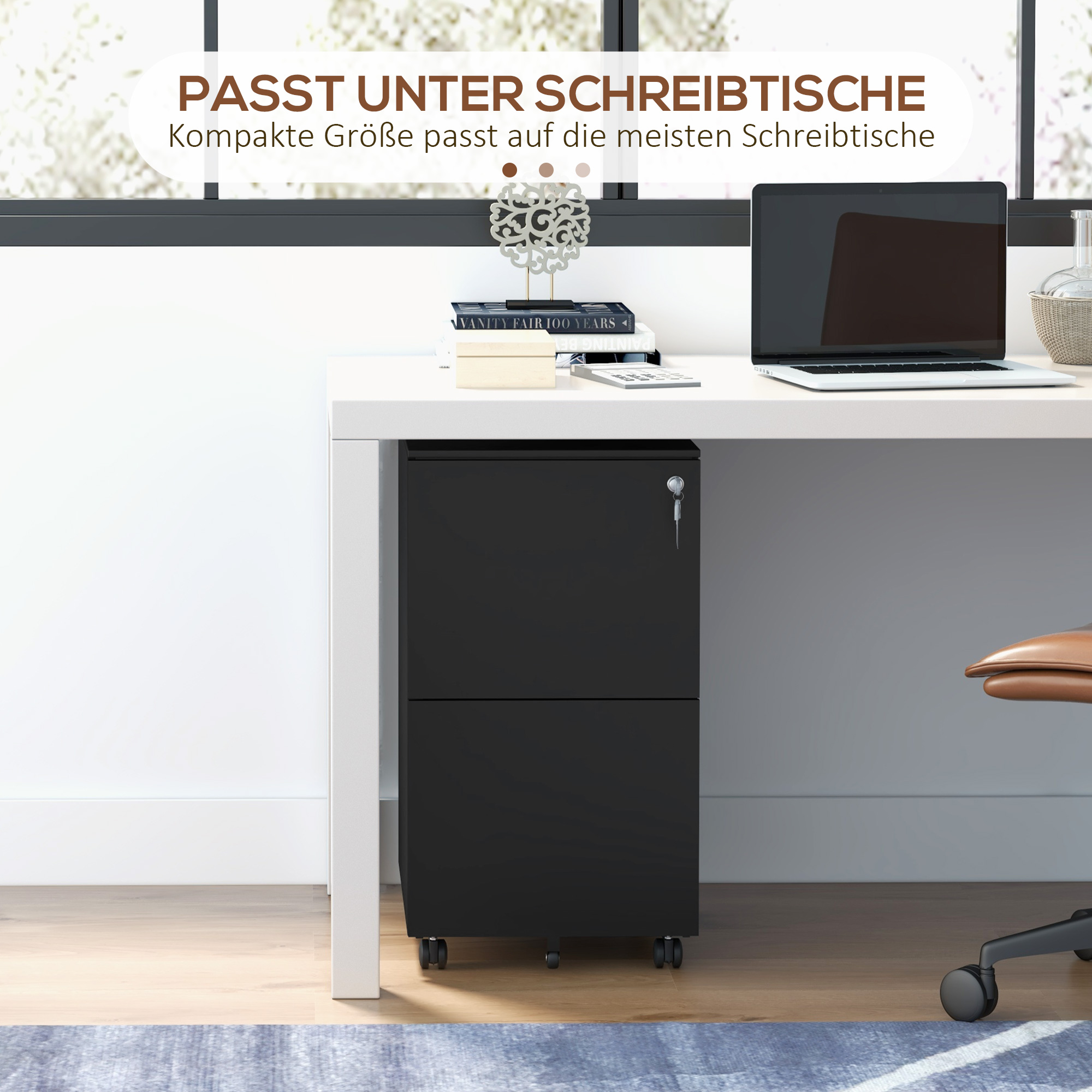 Rollcontainer Aktenschrank, 2 Schubladen, ab­schließ­bar, rollbar, 37 cm x 43,5 cm x 67,5 cm, Schwarz