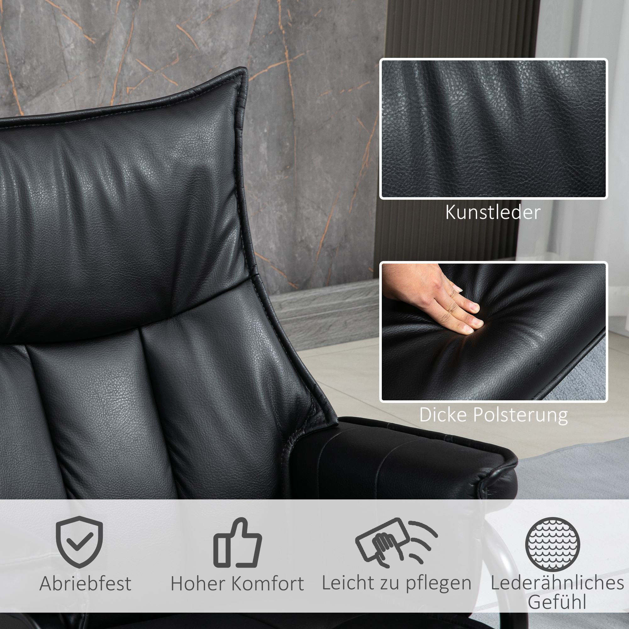 Relaxsessel mit Hocker, drehbar, neigbare Rückenlehne, Stahlrahmen, schwarz