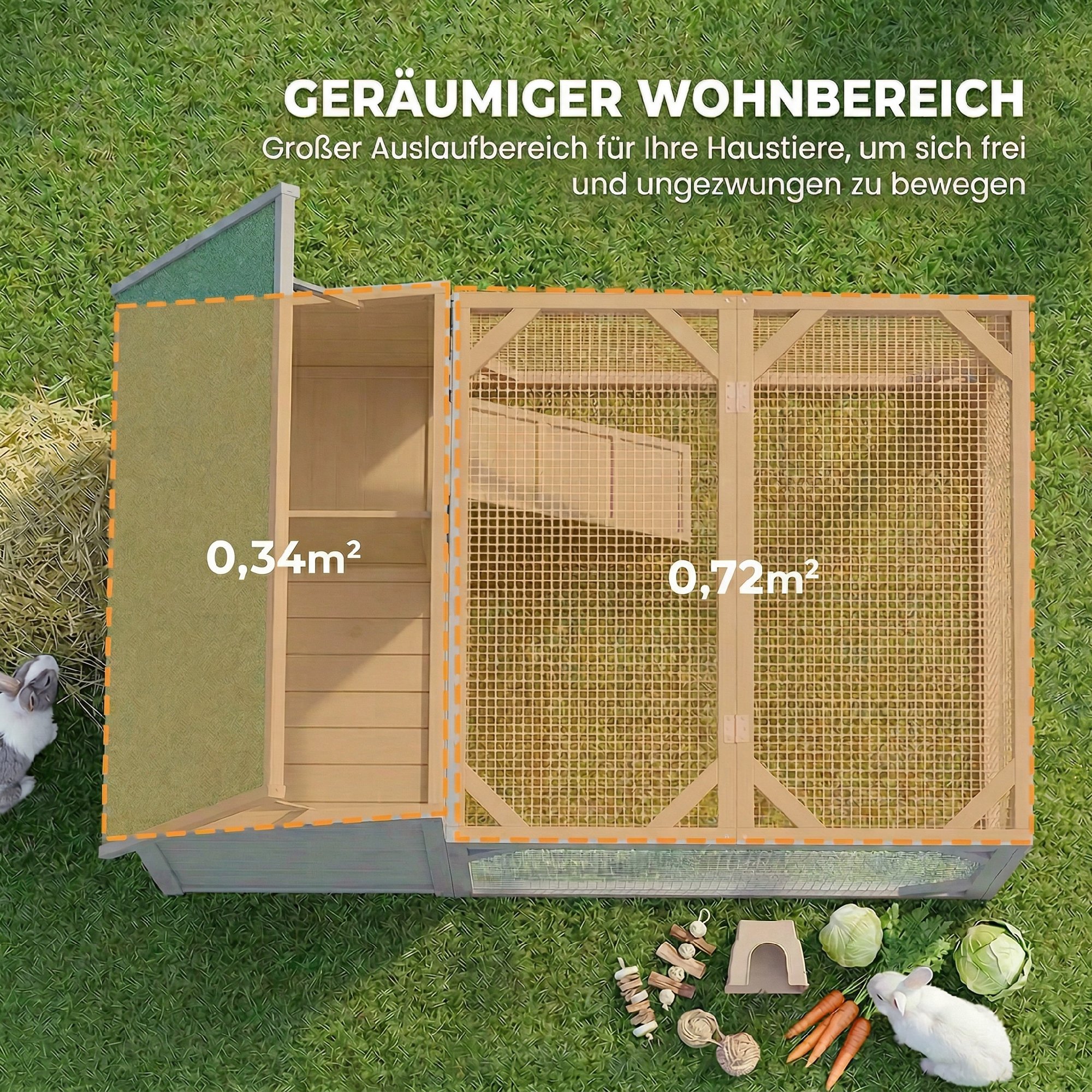 Hasenstall Kaninchenstall Holz Kaninchenkäfig mit aufklappbar Bitumendach, Freilaufgehege, Türen 125,5x100x49 cm Grau