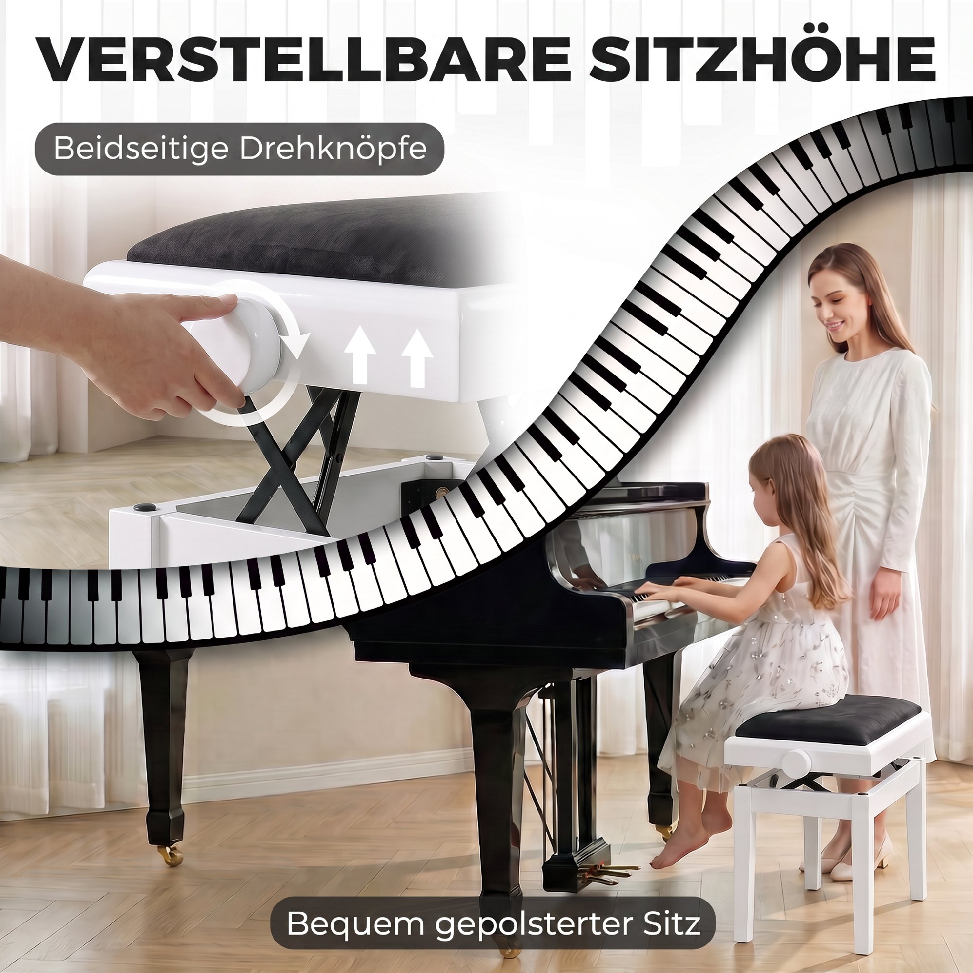 Klavierbank Höhenverstellbar Klavierhocker mit Gepolstertem Kissen, Samtoptik, Beinen aus Kautschukholz Weiß