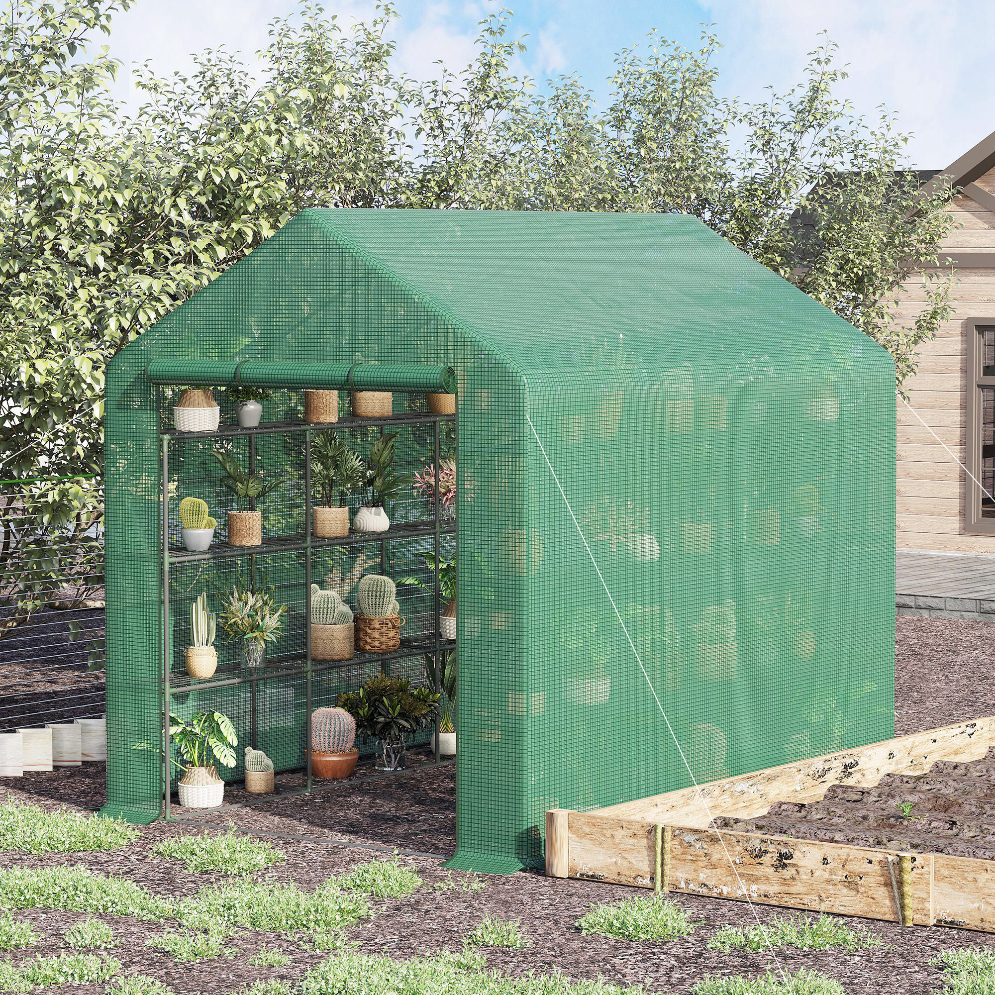 Foliengewächshaus begehbares Gewächshaus mit 8 Regalebenen Tomatengewächshaus Treibhaus Frühbeet mit Tür Grün Stahl PE-Kunststoff 244 x 180 x 210 cm