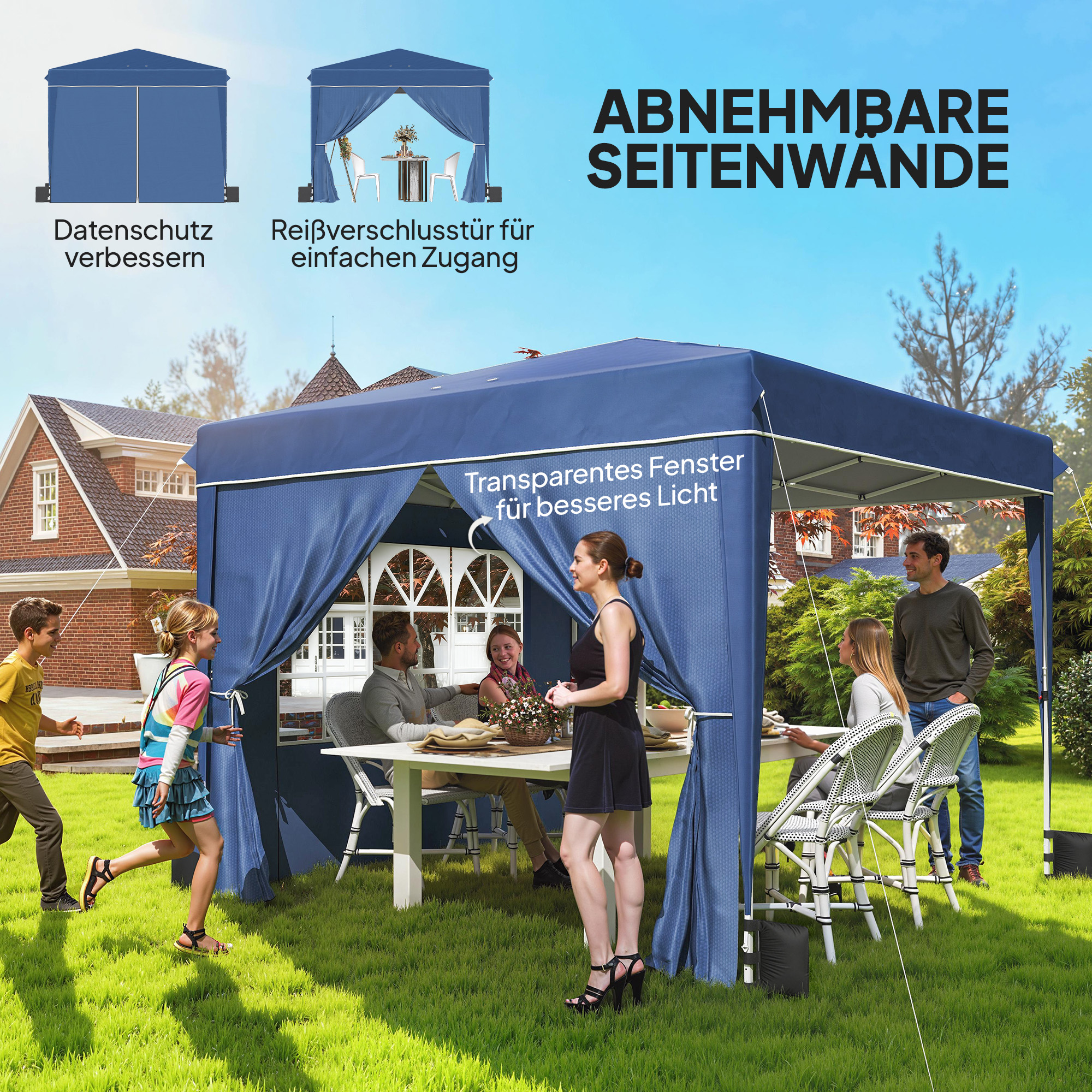 Pavillon 3 x3 m Wasserdicht höhenverstellbar Pop-up Faltpavillon mit 2 Seitenteilen, UV 50+ Faltbar Dunkelblau