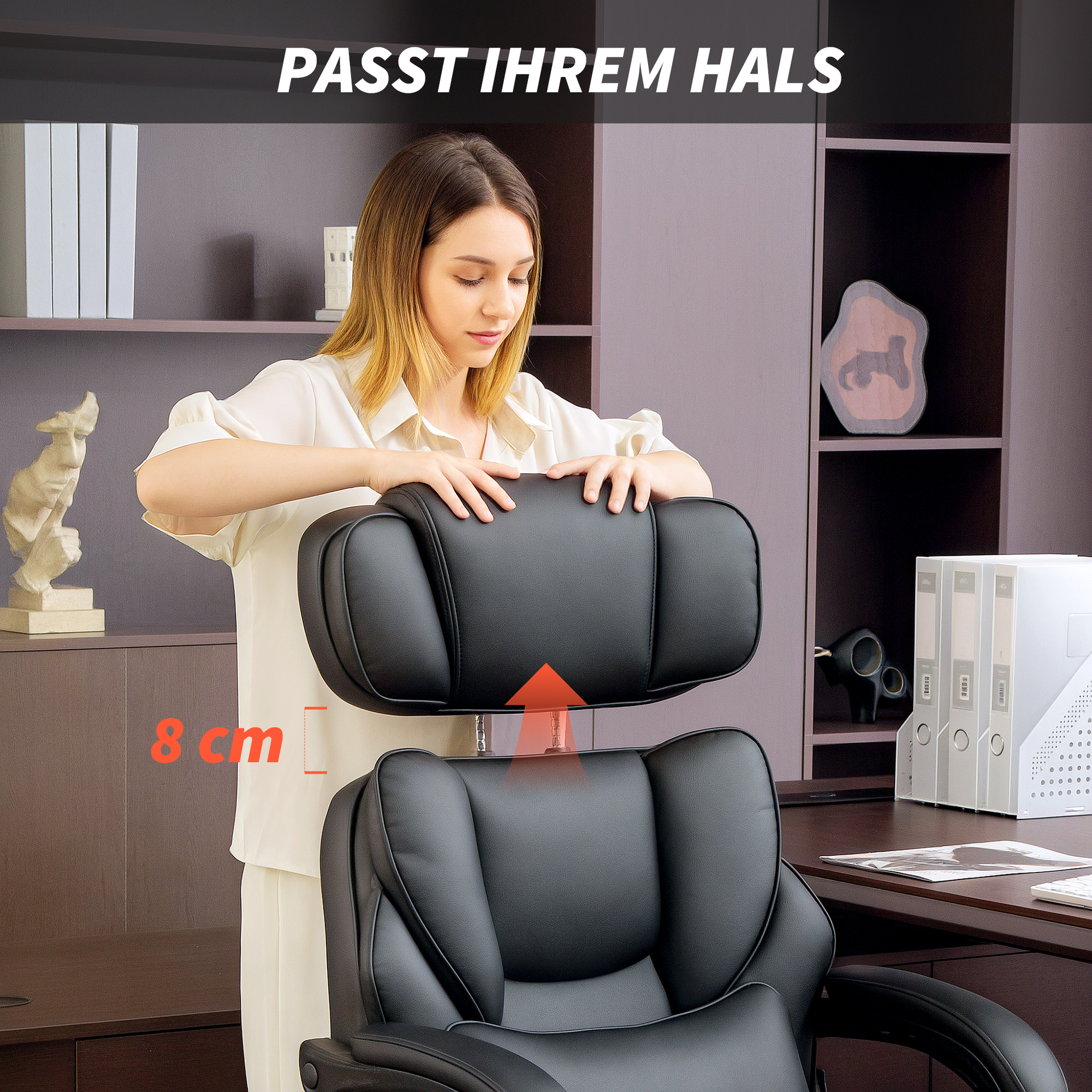 Bürostuhl Ergonomischer Höhenverstellbarer Drehstuhl mit Lendenwirbelstütze, Armlehne, Fußstütze, PU-Leder, Schwarz