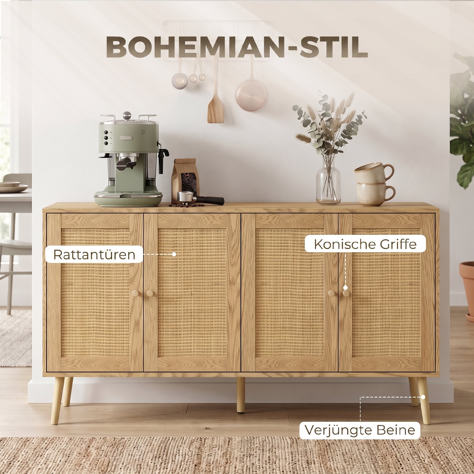 Rattan Sideboard mit 4 Türen, Boho Küchenbuffet mit 2 verstellbaren Einlegeböden, Holzoptik natur