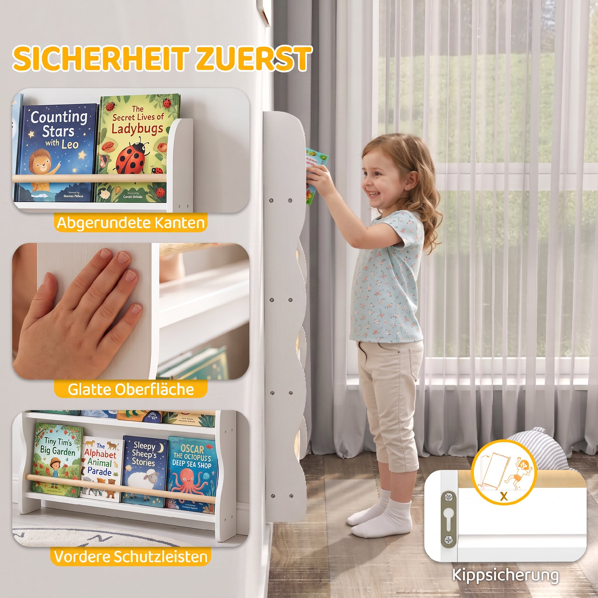 Bücherregal Kinder, Kinderregal mit 4 Regal, Wandregal mit Kippschutz Montessori 60 x 10 x 98 cm, Weiß