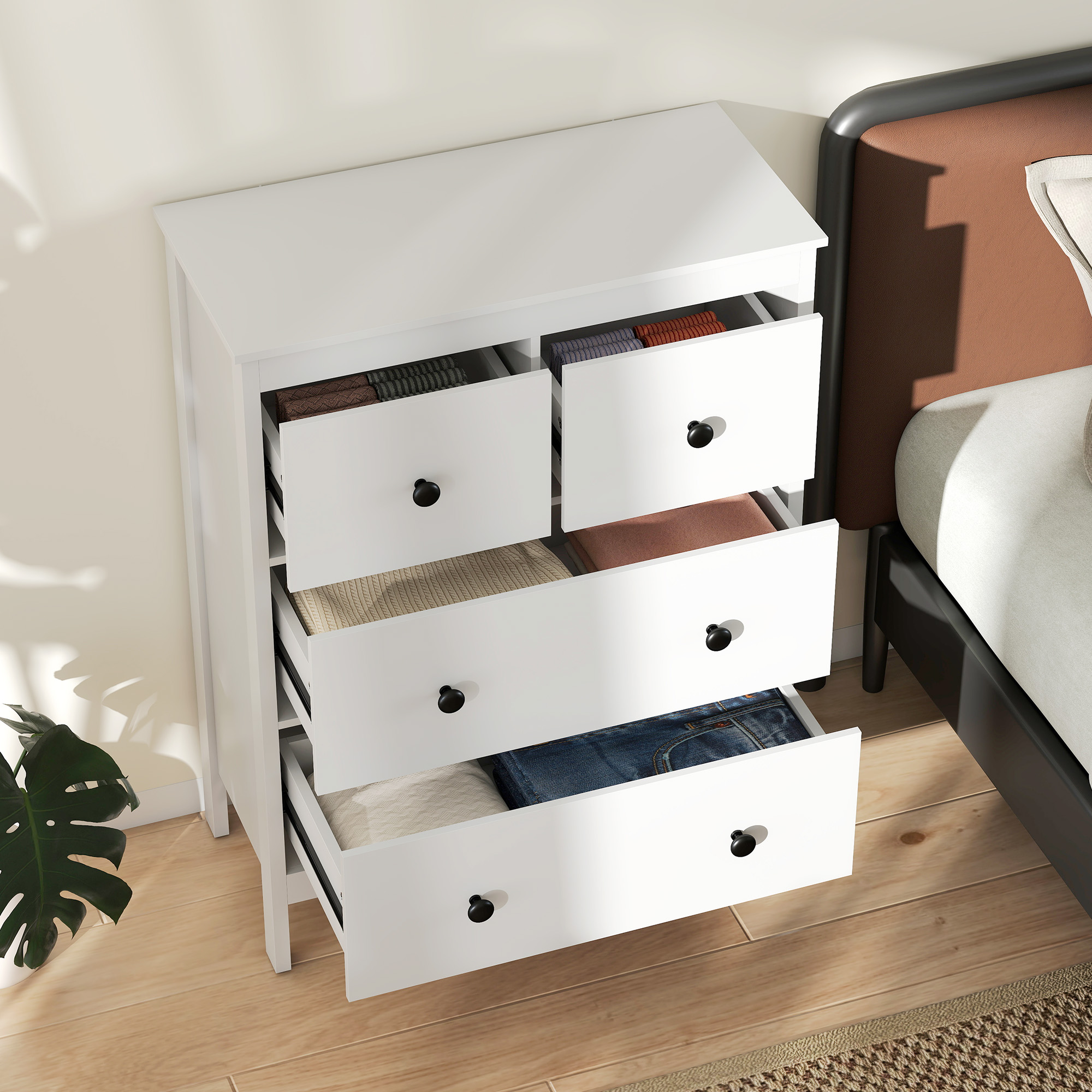Kommode mit 4 Schubladen, für Kleidung & Bettwäsche, Wohnzimmer, Schlafzimmer, Flur, Spanplatte, Weiß