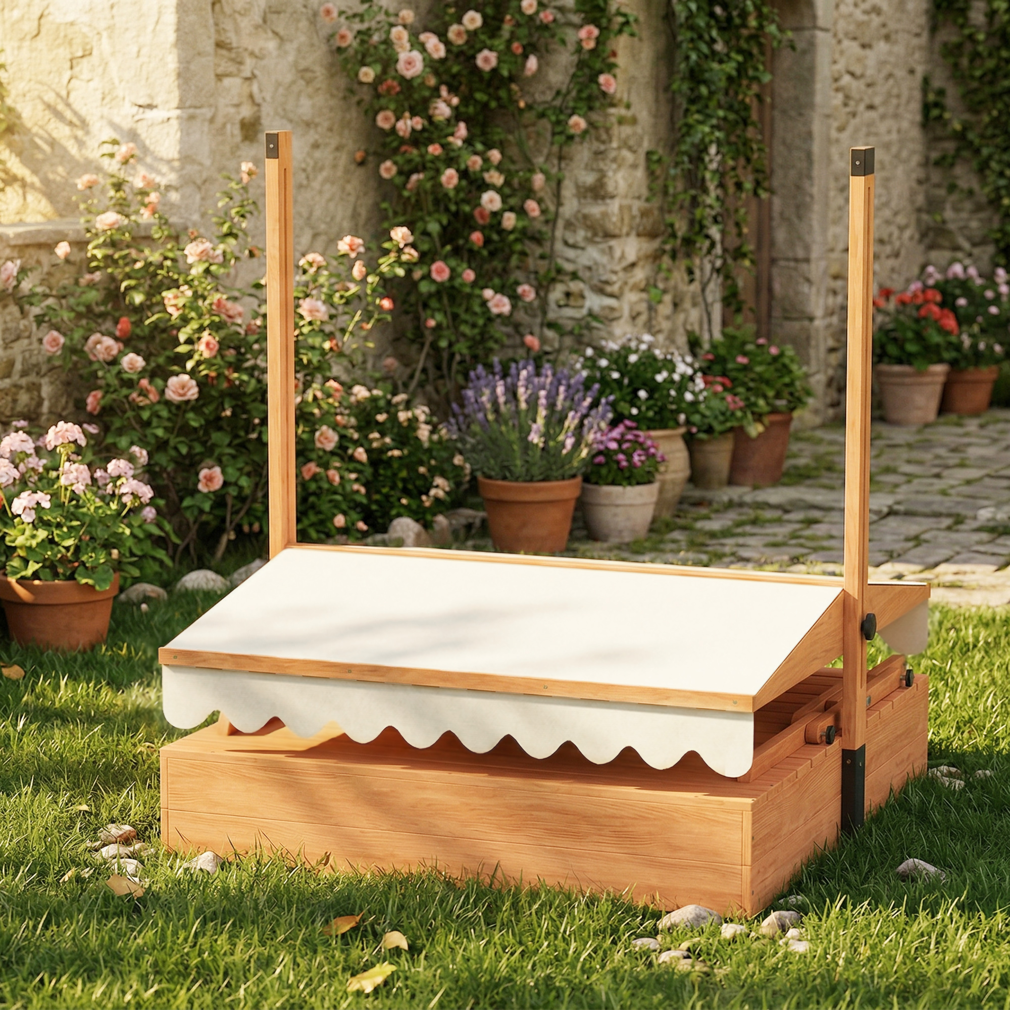 Sandkasten mit Dach Sandkiste aus Holz mit klappbarem Picknicktisch Sitzbänken für 3-8 Jahre 184 x 110 x 120 cm Braun