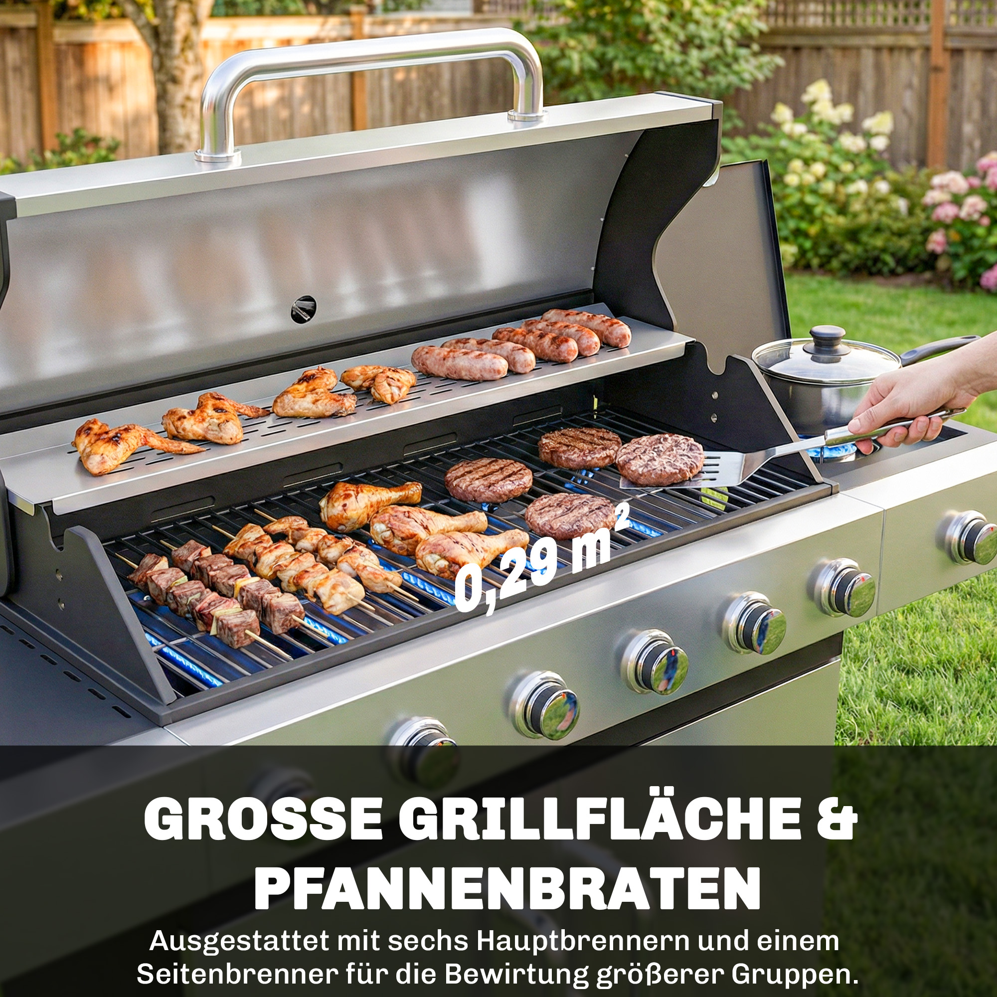 Gasgrill 18,6 KW 6+1 Brenner BBQ Grillwagen aus Edelstahl inkl Rolle Thermometer Warmhalterost Seitentisch Unterschrank