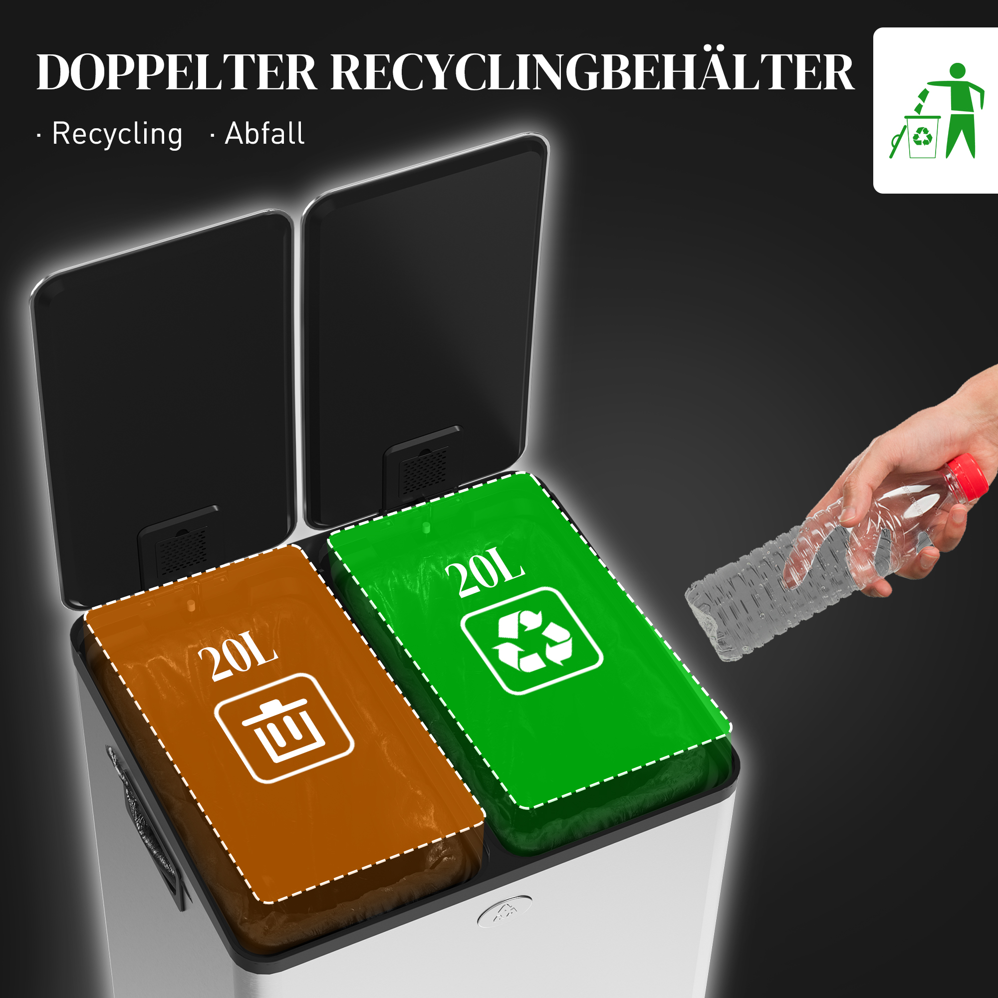2x 20l Doppelmülleimer, Pedalöffnung, leicht zu reinigen, Edelstahl, Kunststoff, Silber