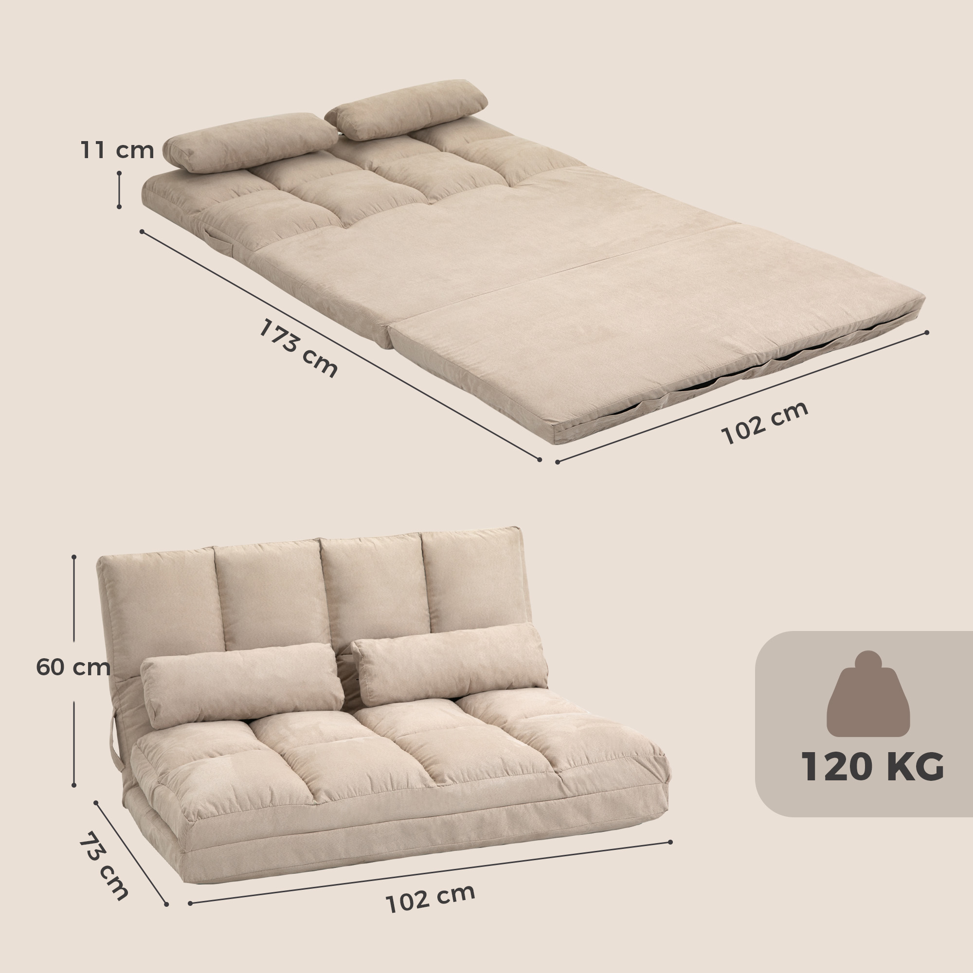 2-in-1 Bodensessel, Rückenlehne, Verstellbar, 102 x 73 x 60 cm, Beige