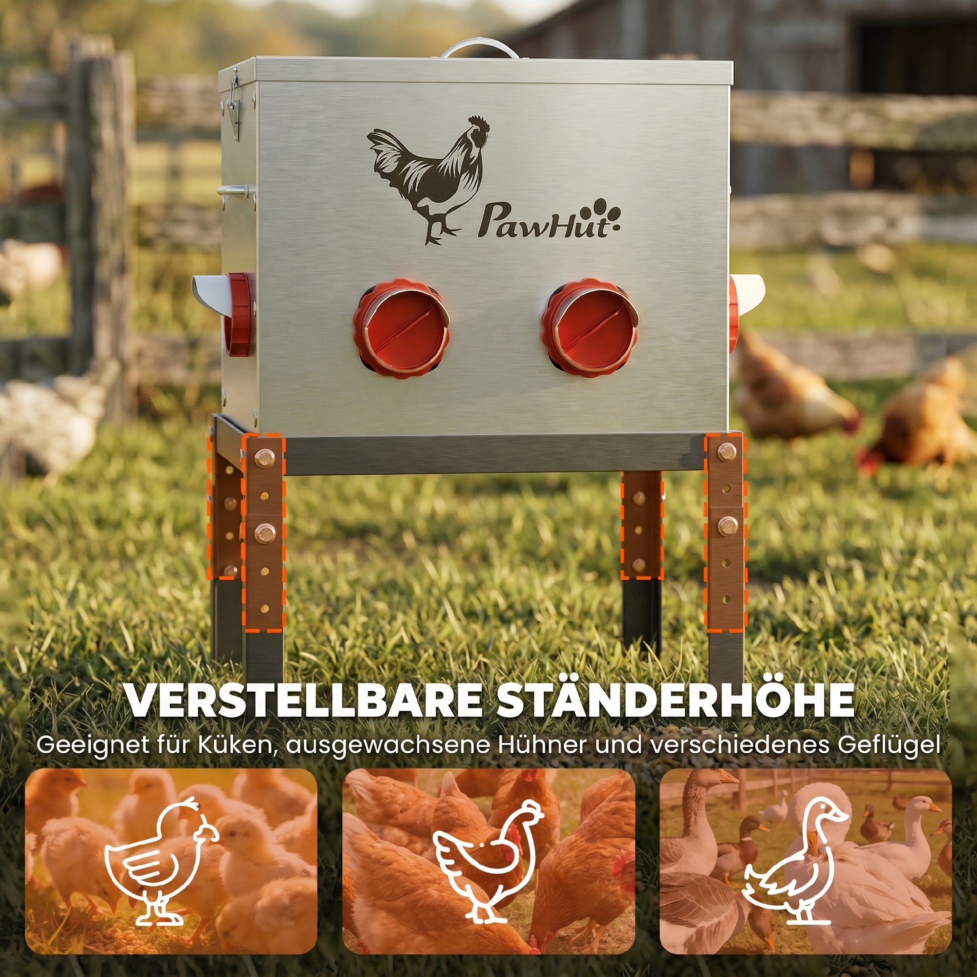 Futterautomat Hühner 18 kg Füllmenge mit abschließbarer Deckel verstellbarer Beine 6 Öffnungen 42x25x55,5 cm Silber