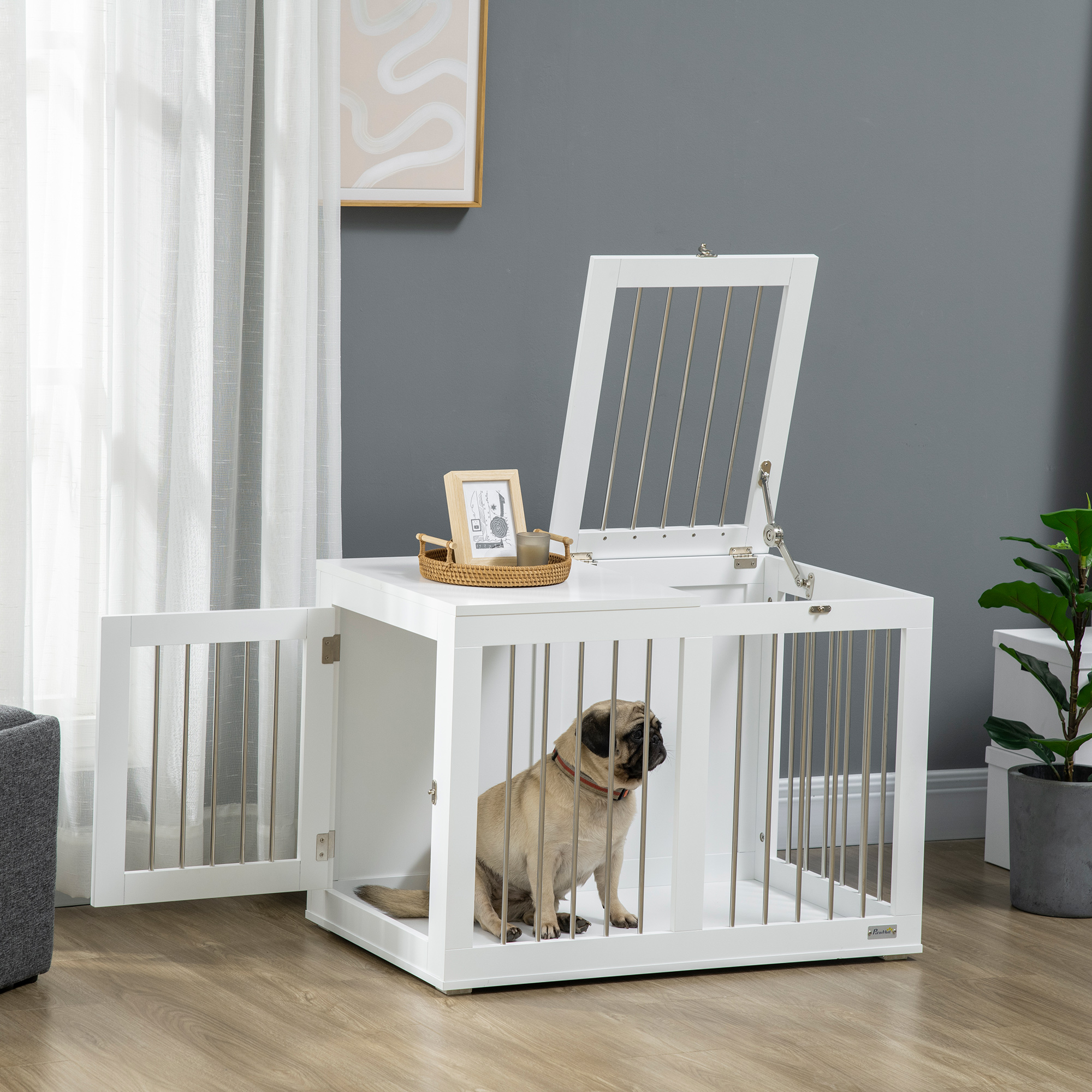 Hundekäfig mit 2 Türen, Hundebox, verriegelbar, Stahlgitter, 80 cm x 50 cm x 56,5 cm, Weiß + Silber