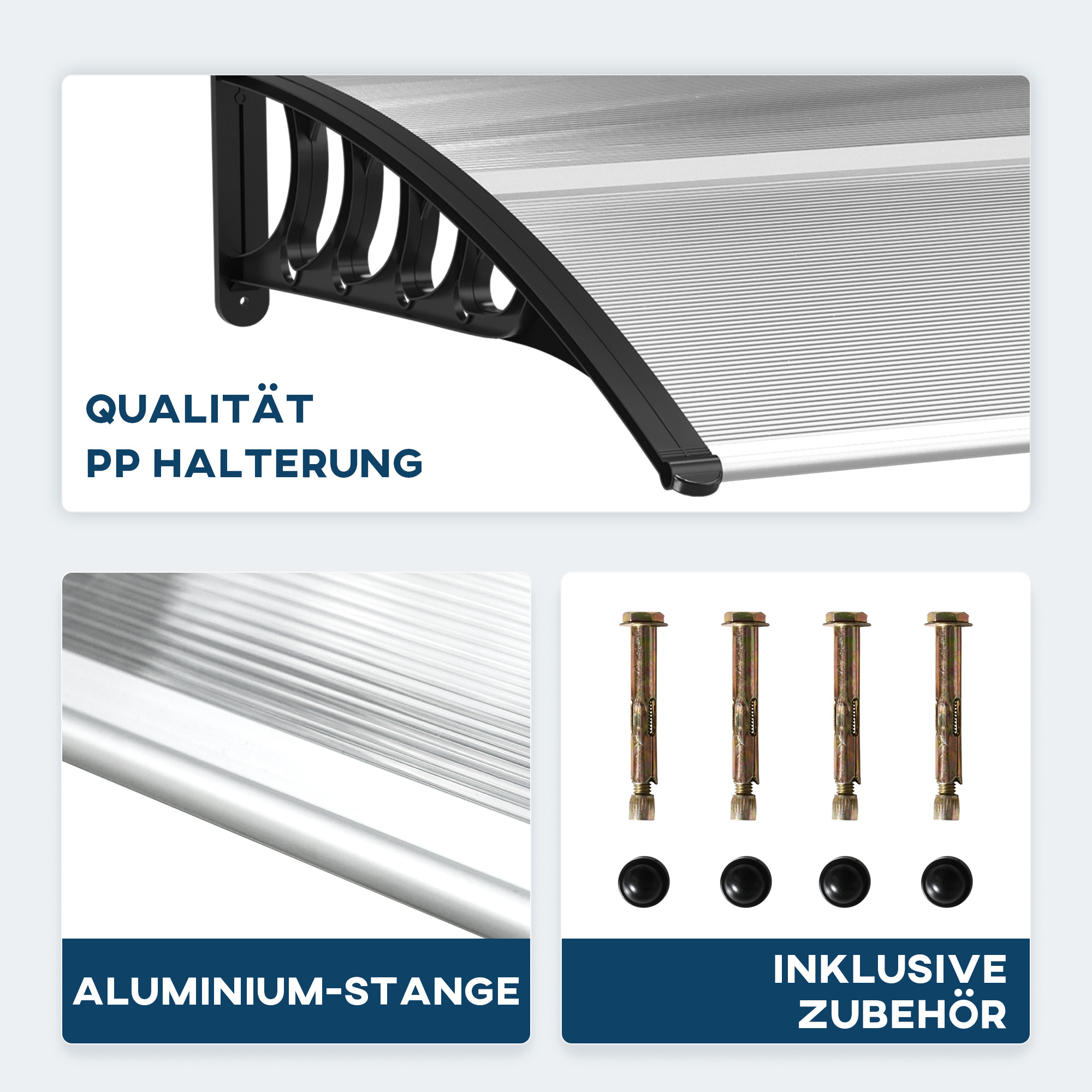 Vordach für Haustür/Fenster, wetterfest, transparent, Aluminium-Verbindungstangen/Polycarbonat, 103x96,5x27cm, Schwarz