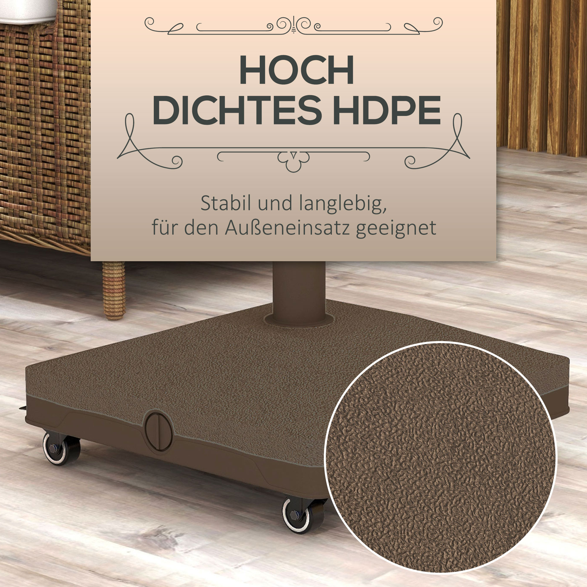 Sonnenschirmständer bis 20kg befüllbar Quadratisch Schirmständer mit Rolle für Sonnenschirm 22-38mm Braun