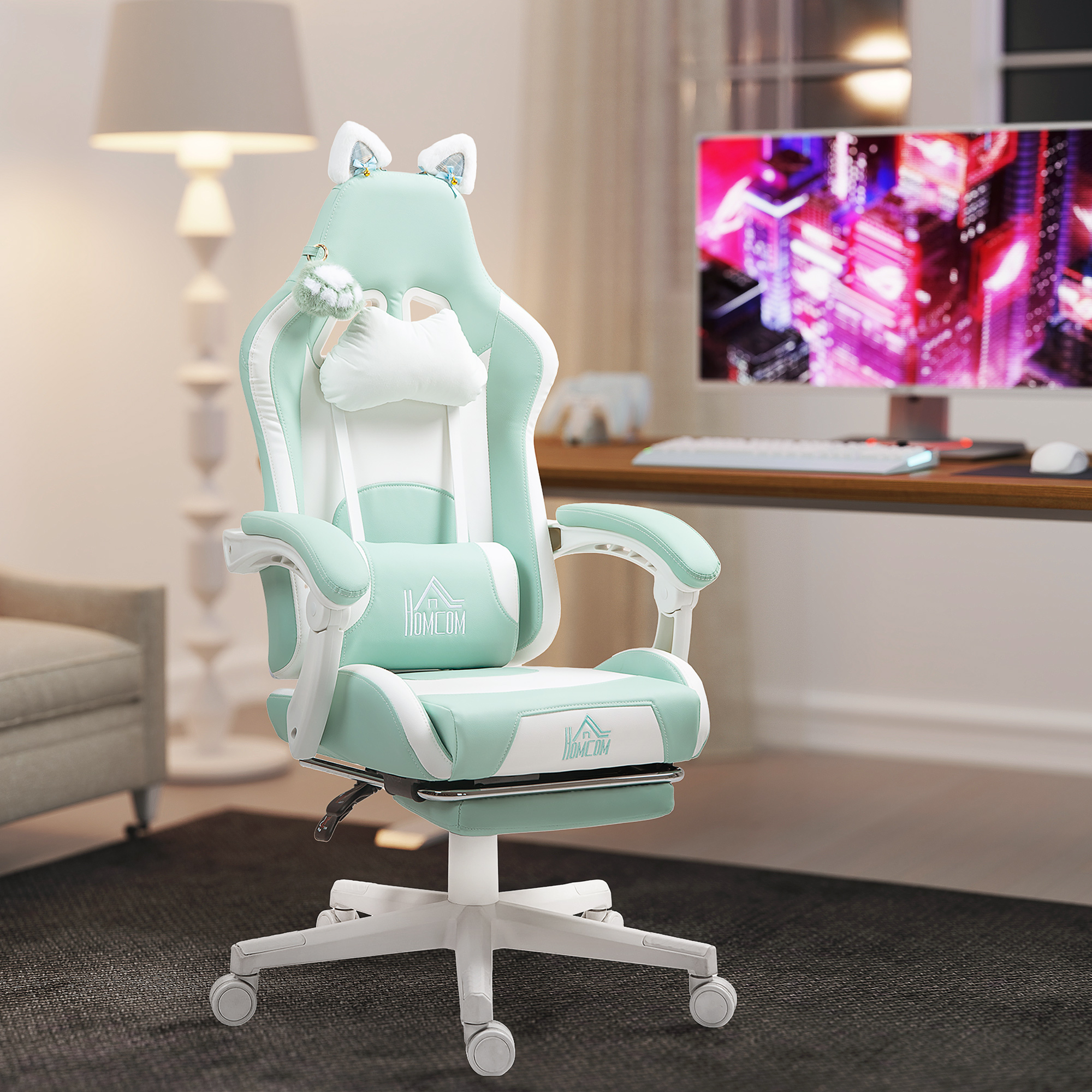 Gaming-Sessel mit Katzenohren, neigbare Lehne, ausziehbare Fußstütze, bis 120 kg belastbar, Seeblau
