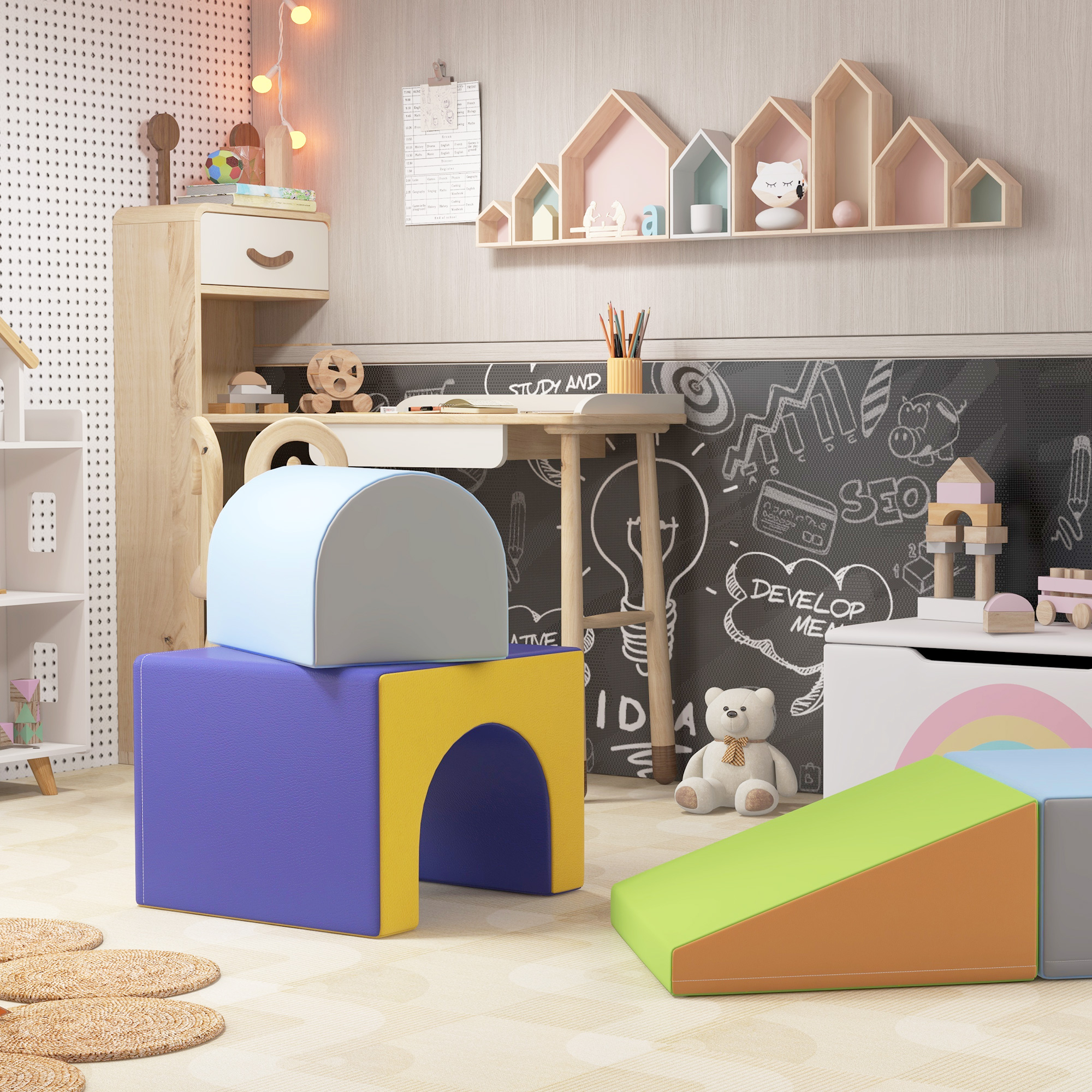 4er Softbaustein-Set zum Klettern und Rutschen, Kunstlederbezug, für Kinder im Alter von 1-3 Jahren, Mehrfarbig