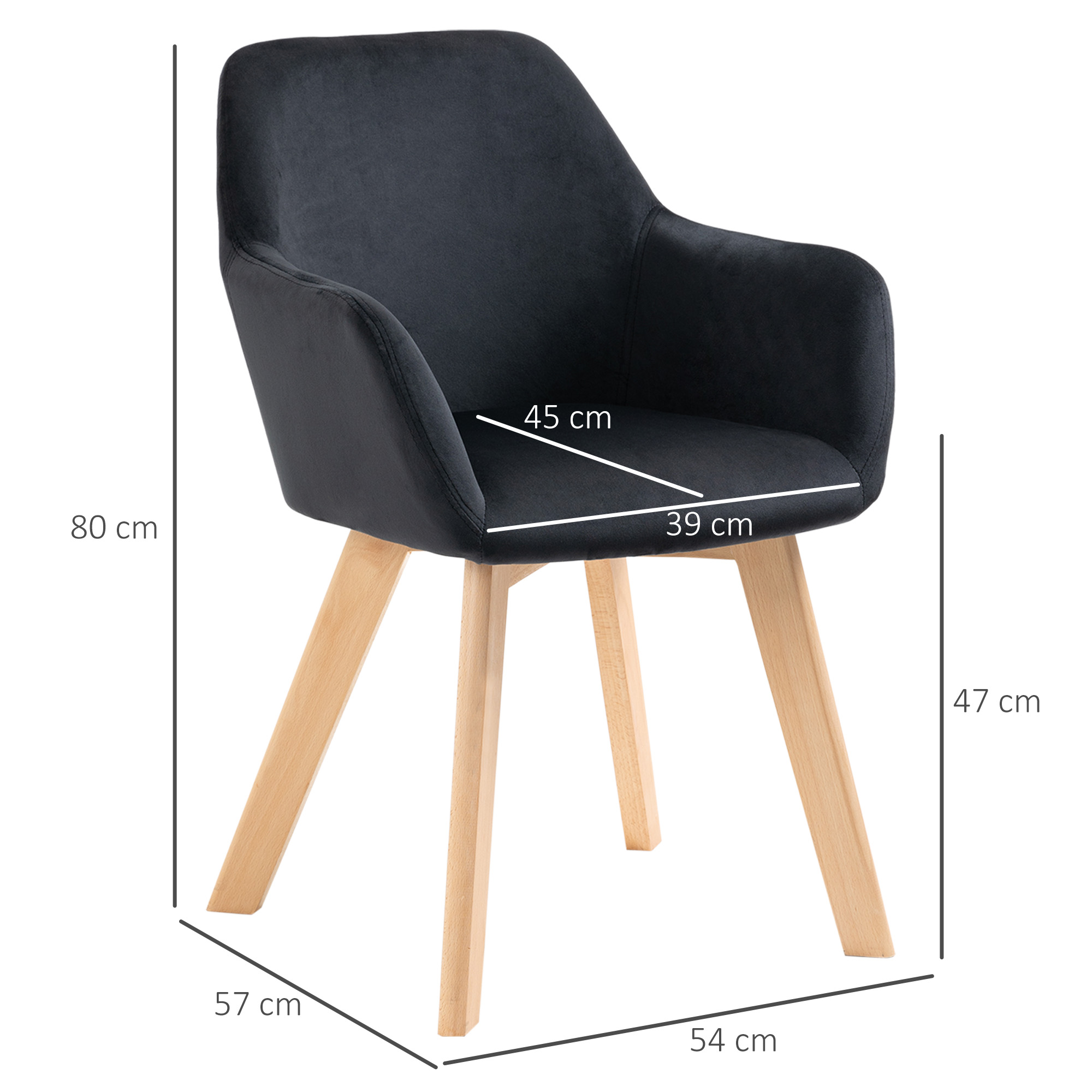 Esszimmerstühle, 2er-Set, modernes Design, Samtoptik, Kautschukbaumholz, 54x57x80 cm, Schwarz